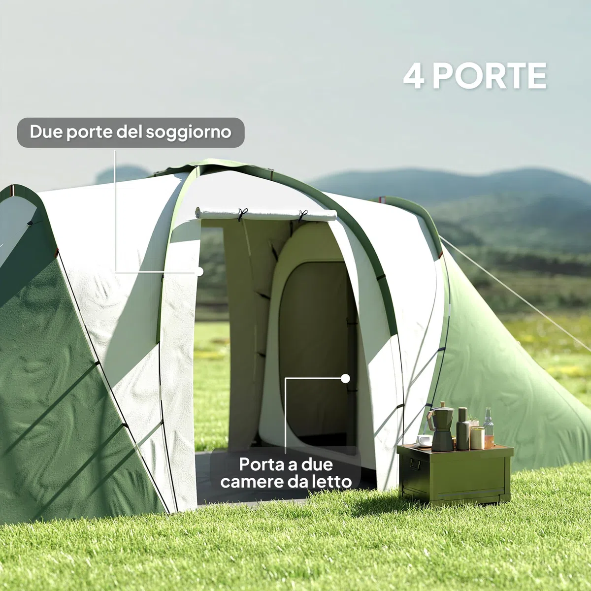 Outsunny Tenda da Campeggio 4-6 Persone con 2 Camere e Zona Soggiorno, Tenda da Esterno a 2 Porte, Resistente all'acqua e ai Raggi UV, con Borsa da Trasporto, 555x225x190 cm, Grigio e Verde