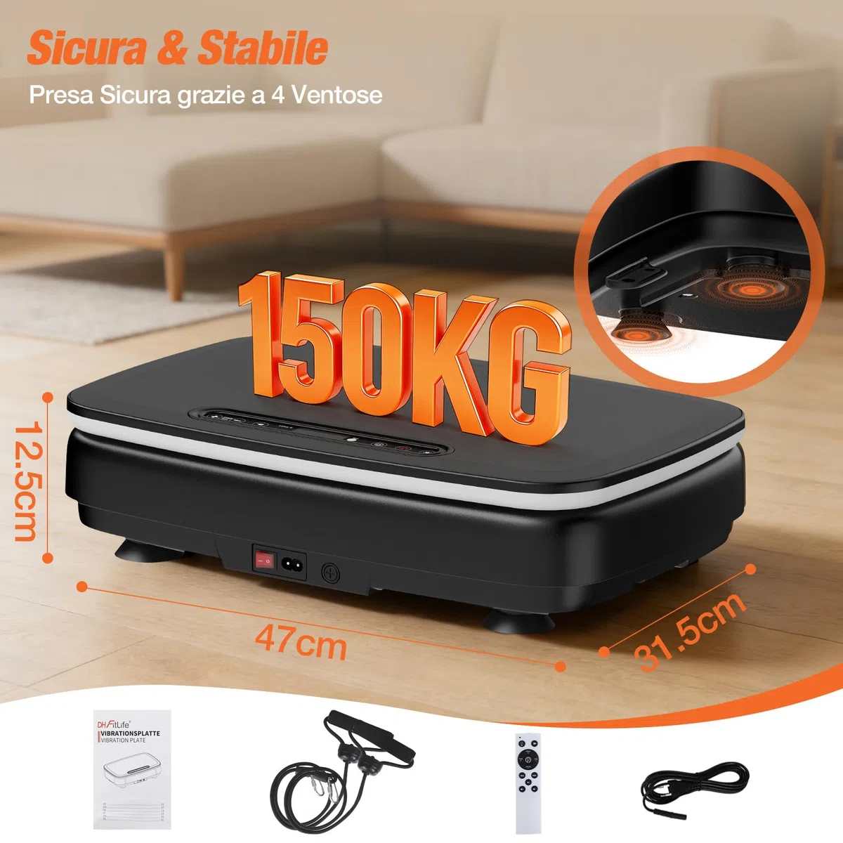DH FitLife Pedana Vibrante per Casa | 0–99 Livelli con Timer | 9 Programmi Automatici | Silenziosa con Ventose | Luci LED & Altoparlante Bluetooth | Bande di Resistenza Incluse | Portata 150 kg