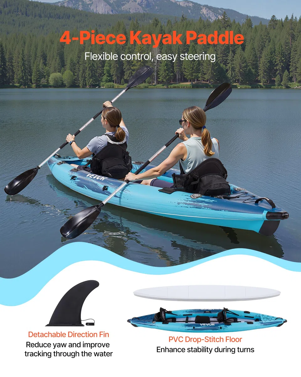 VEVOR Kayak Gonfiabile per 2 Persone, Capacità 317,5 kg, Resistente a Perdite e Forature, con Seduta Imbottita, Pavimento in PVC, 2 Pagaie, Pompa a Mano, Borsa Trasporto, per Pesca e Campeggio