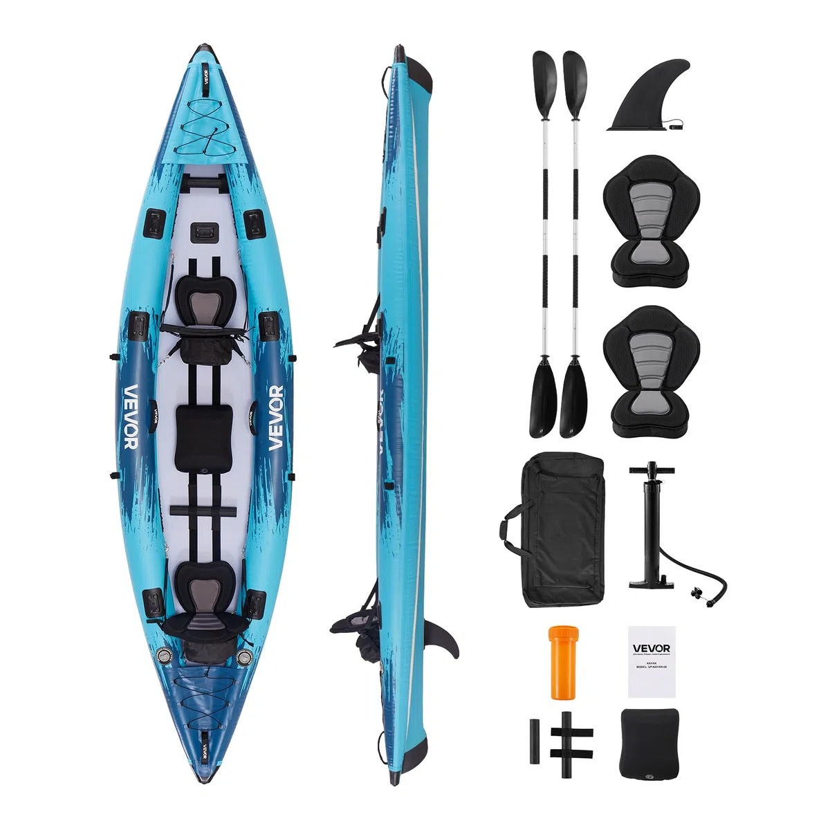 VEVOR Kayak Gonfiabile per 2 Persone, Capacità 317,5 kg, Resistente a Perdite e Forature, con Seduta Imbottita, Pavimento in PVC, 2 Pagaie, Pompa a Mano, Borsa Trasporto, per Pesca e Campeggio