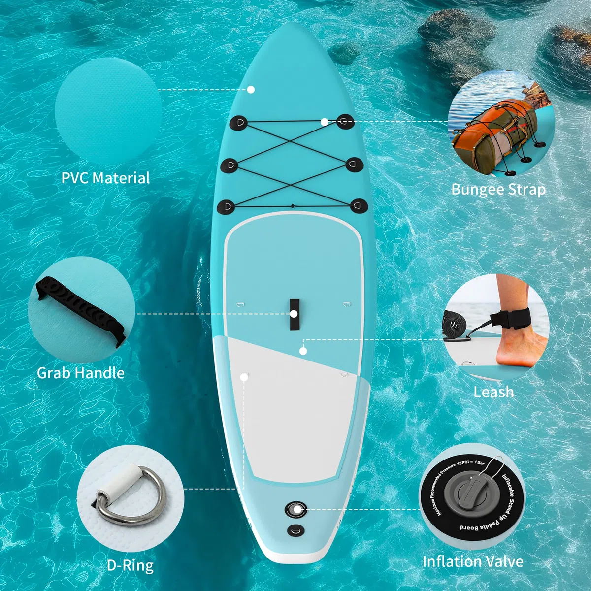 YITAHOME Tavola da surf gonfiabile con accessori SUP incluso zaino, borsa impermeabile, guinzaglio, pagaia regolabile, pompa, per ragazzi 320 x 81 x 15 cm, blu mare e bianco
