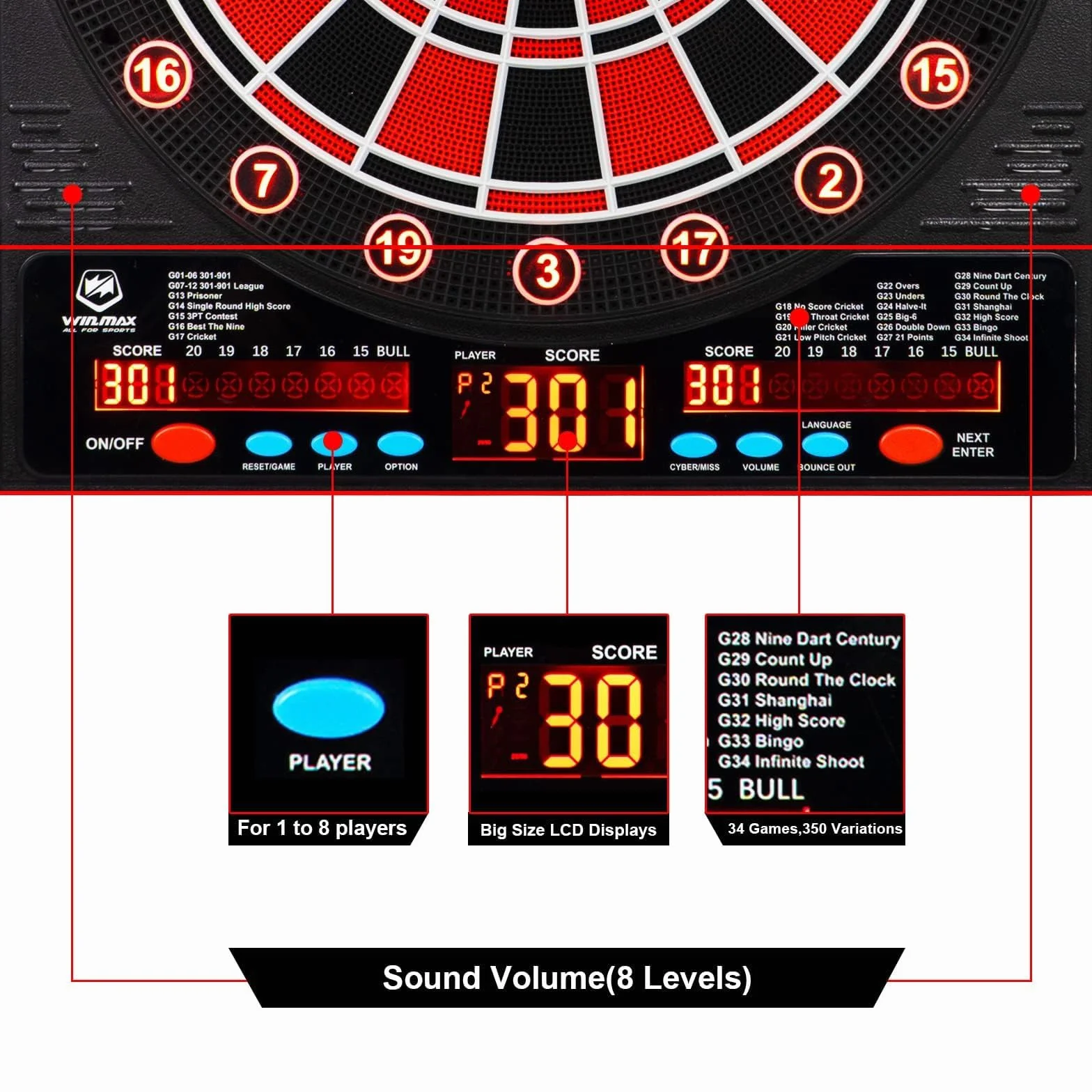 WIN.MAX Freccette Elettronico, Set di Armadio Decorativo Bersaglio Freccette Offre 34 Giochi per un Massimo di 8 Giocatori tra cui 12 Frecce a Punta Morbid