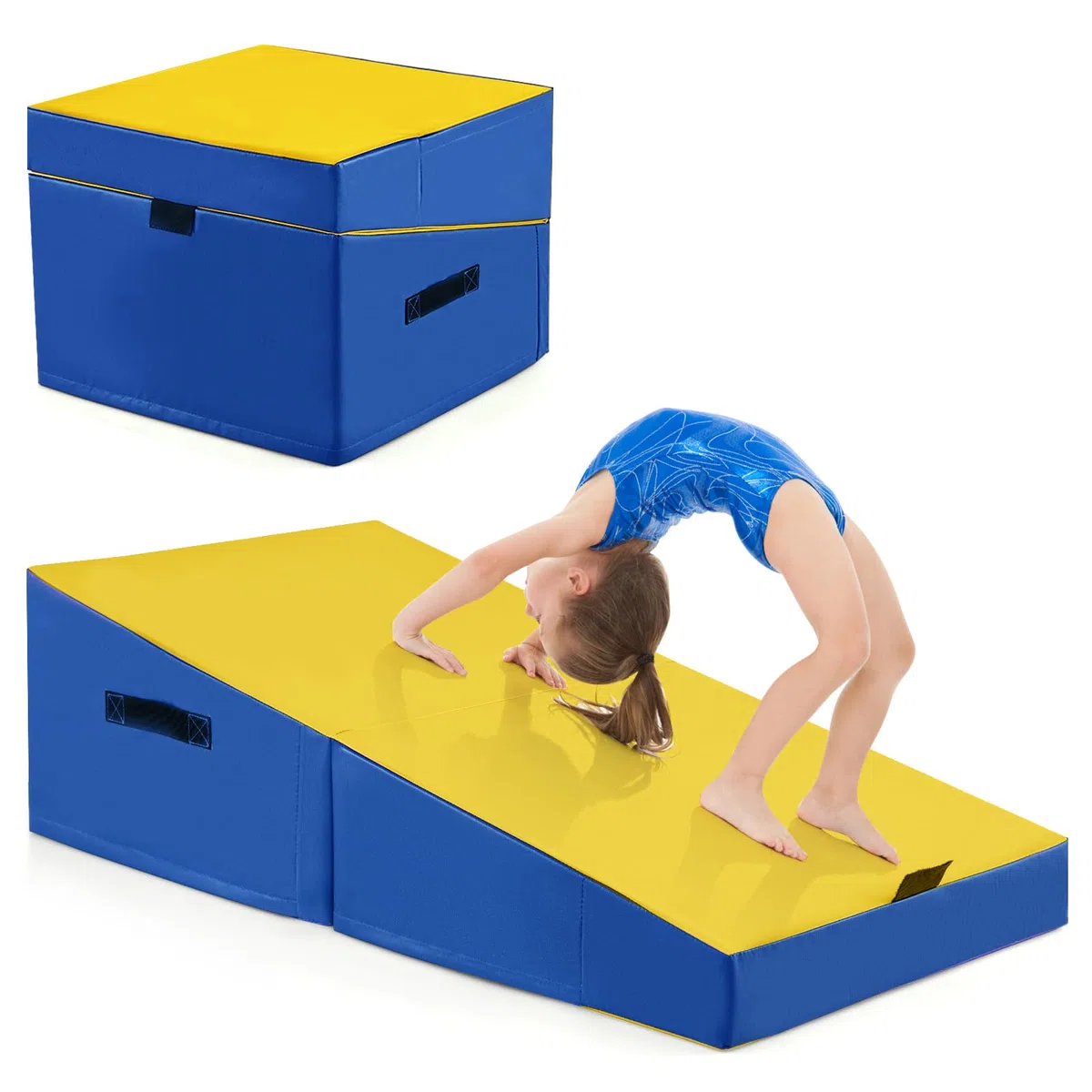 COSTWAY Materassino Ginnastica, Tappetino da Ginnastica Pieghevole con Schiuma EPE e Pelle PVC Antiscivolo e Maniglia, Tappetino da Esercizio a Forma di Cuneo per Casa e Palestra