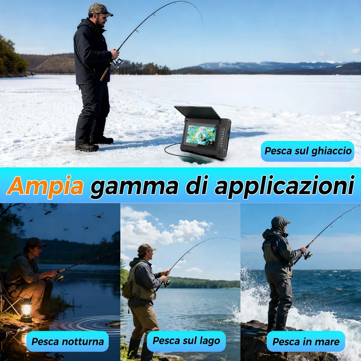 Ecoscandaglio da Pesca Telecamera subacquea 7" Impermeabile IP68 Cercatore Cavo per pesca in Mare, Lago, Fiume e Ghiaccio (15M)