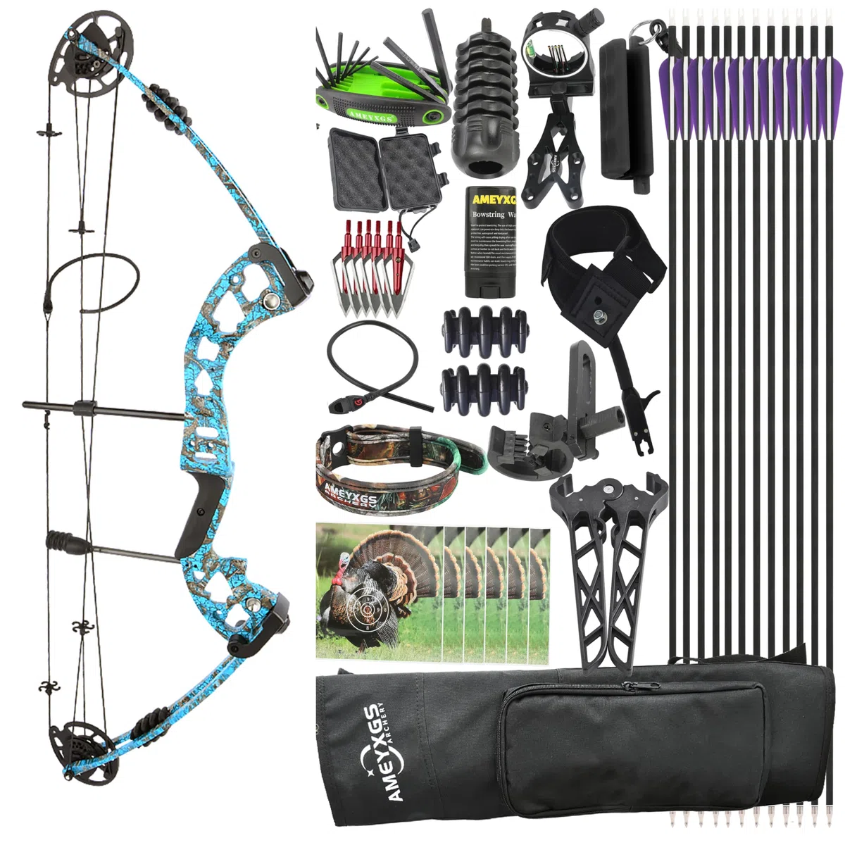 Set arco compound 30-55 libbre per adulti e principianti - Arco da caccia per destrimani con kit completo di accessori per la caccia all'aperto, la pesca e il tiro al bersaglio