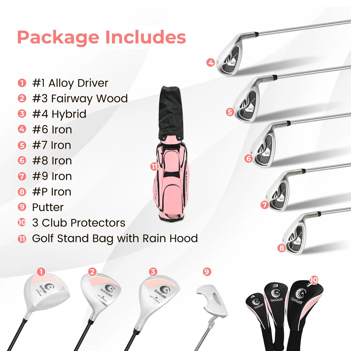 LIFEZEAL Set da Golf Completo per Donna Con Borsa, Kit Femminile Con Driver 1#, Fairway 3#, Ibrido 4#, Ferro Zinco 6-9#, P#, Putter, Rosa