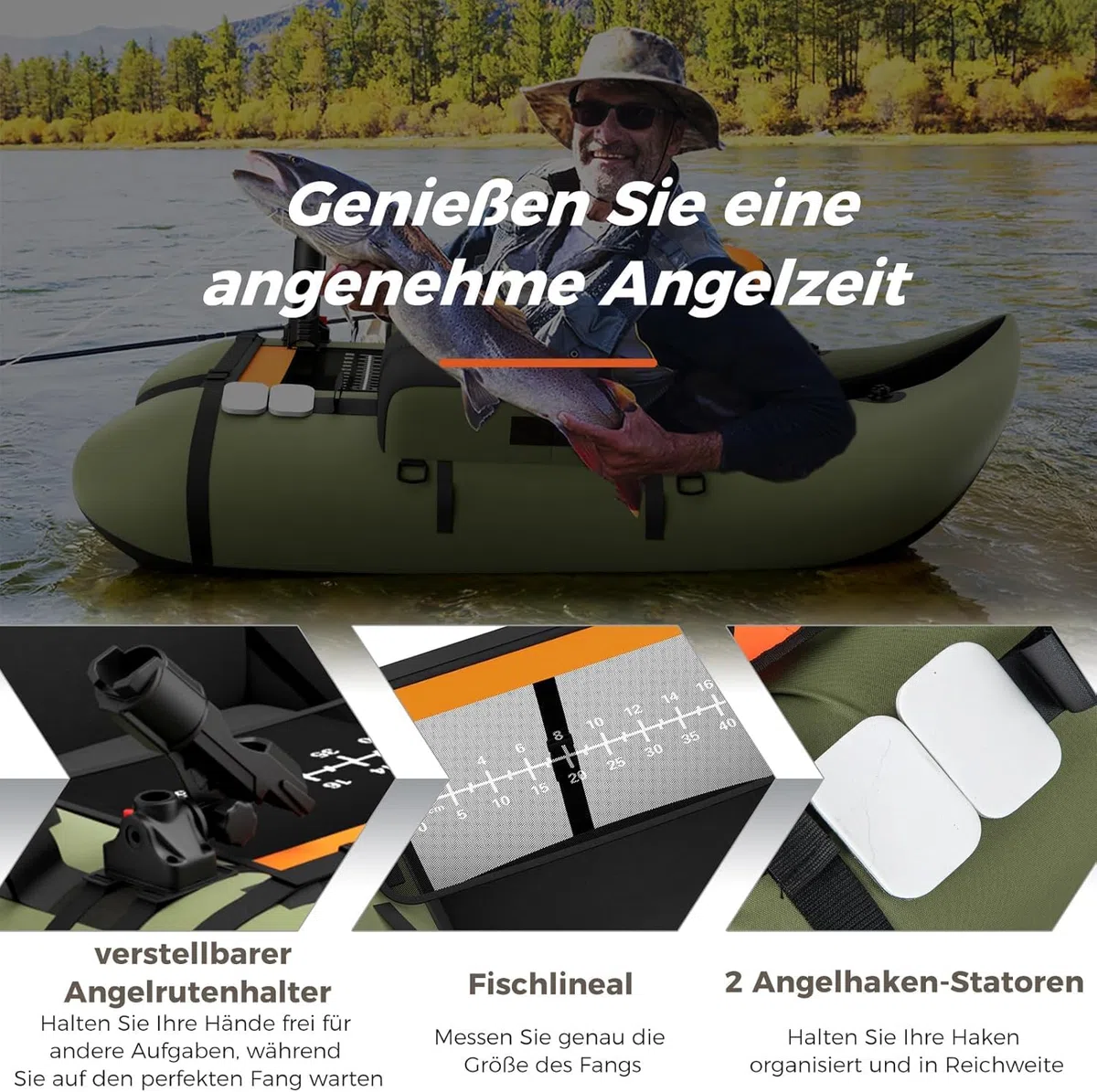 FANTASK Gonfiabile Schlauchboot, barca da pesca con pompa, remi, cinture, Bellyboat per adulti, capacità di carico 150 kg, 135 x 109 x 54 cm (Verde)