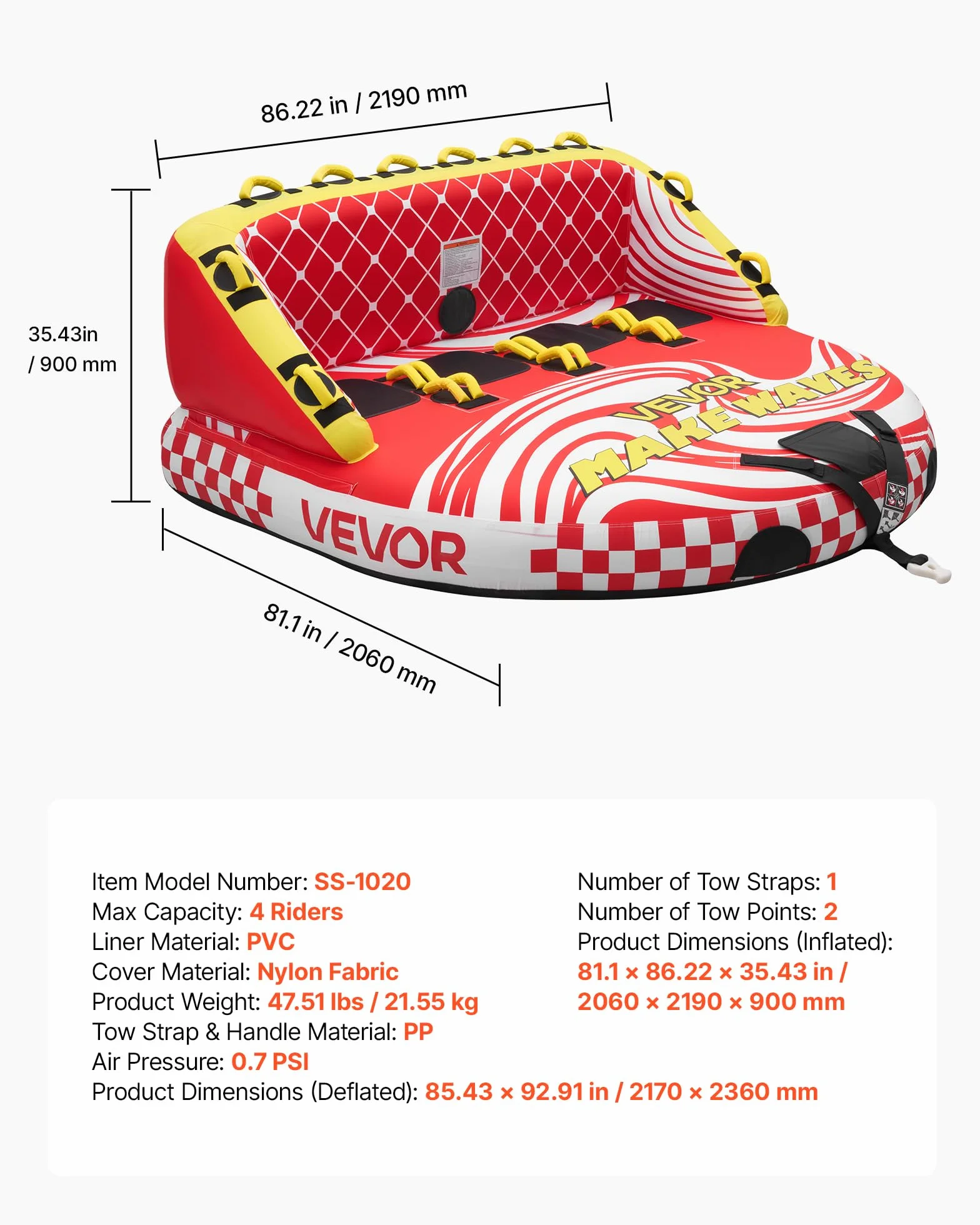VEVOR Tubo Gommone Gonfiabile Trainabile per Mare Giochi Acquatici, Tubo Gonfiabile Trainabile Capienza ca. 4 Persone Carico Max. 308 kg, Gommone a Divano per Barche Gioco d'Acqua Copertura in Nylon