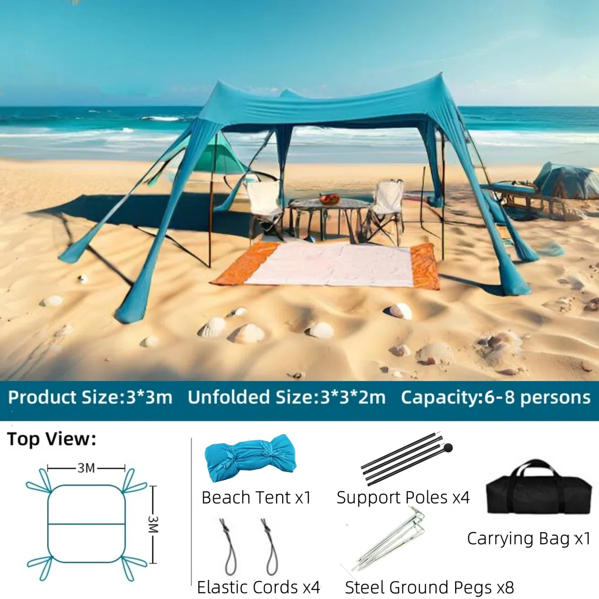 Tenda parasole da spiaggia, grande tenda parasole per esterni, per 6-8 persone, protezione UV per spiaggia, campeggio, pesca e picnic (Blu)