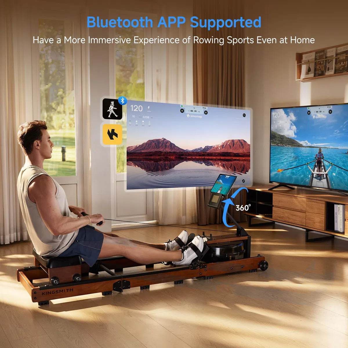 Vogatore Professionale per Casa, Vogatore ad Acqua Tripla Pieghevole con Regolazione di 5 Livelli, Capacità di Peso 180KG con Monitor a LED, Compatibile con l'app Noce