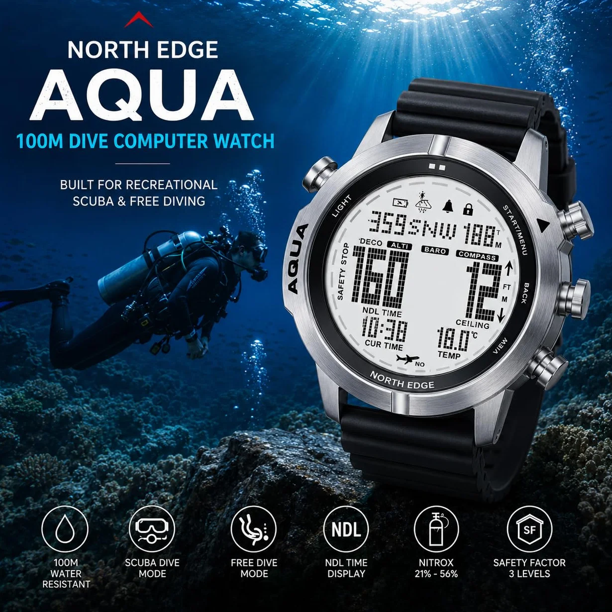 NORTH EDGE AQUA Orologio Da Immersione Professionale Per Computer Da Uomo Scuba Diving 50m Orologi Da Immersione Con Registro Per Immersioni Altimetro Barometro Bussola