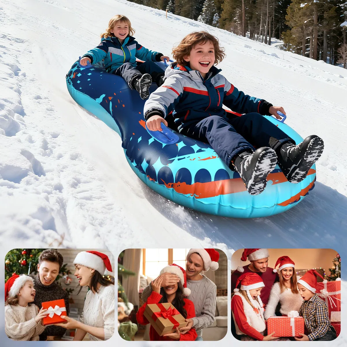 Tubo da neve con fune di traino trainabile, slitta gonfiabile heavy duty per 2 persone per bambini e adulti, di alta qualità, resistente all'abrasione, con fondo ispessito, tubi per slittino