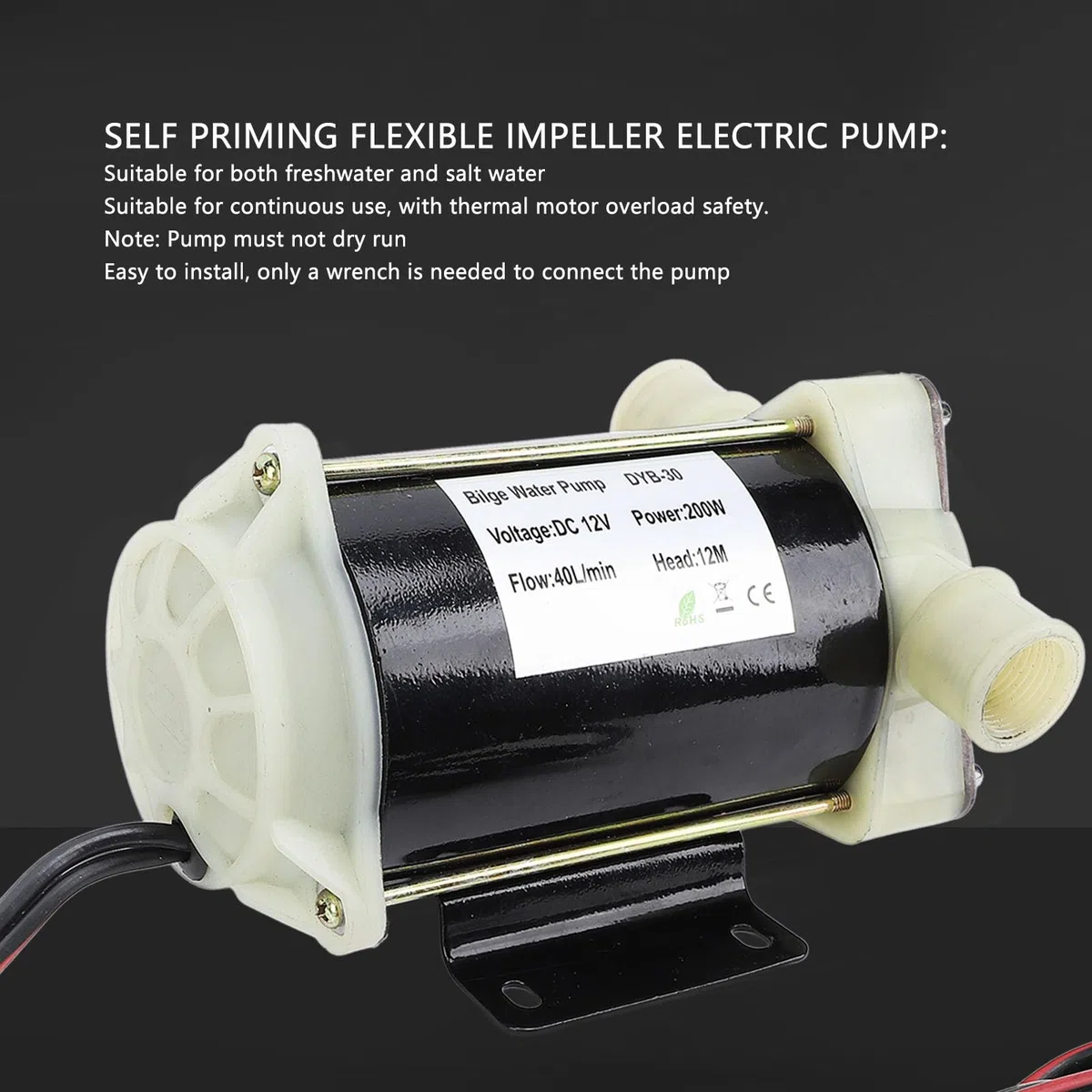 Pompa per acqua di sentina PolyGen 12 V 200 W con girante flessibile, pompa autoadescante eroga 40 l/min a 12 m di prevalenza per applicazioni con acqua dolce e salata