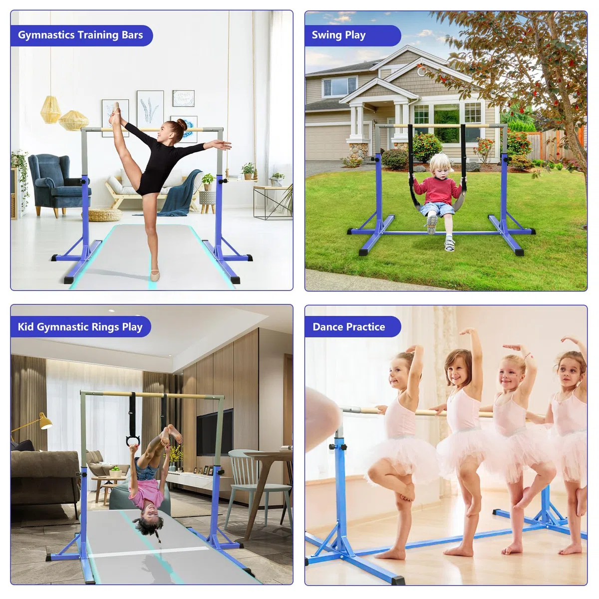 FBSPORT Barra da Ginnastica per Bambini con 13 Altezze Regolabili,Sbarra di Ginnastica per Bambini Barra Ginnastica Orizzontali Artistica Palestra Danza per Bambini e Bambine e Portatile Blu