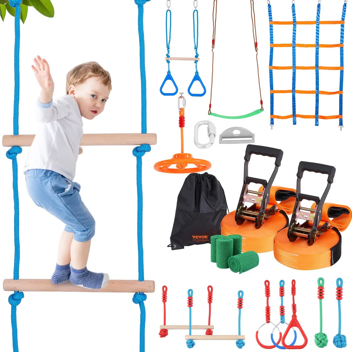 VEVOR Ninja Kit per Bambini Slackline da Arrampicata Percorso a Ostacoli 2x15,24 m Carico 226,8 kg 12 Ostacoli Attrezzatura da Gioco all'Aperto con Rete da Arrampicata Monkey Bar per Cortile Giardino