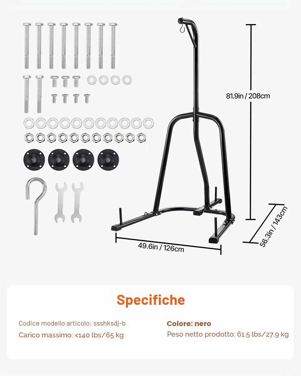 VEVOR Supporto per sacco da boxe, in acciaio resistente, attrezzatura per allenamento di allenamento, altezza regolabile, supporto da boxe con base ponderata, supporta fino a 63,5 kg, autoportante