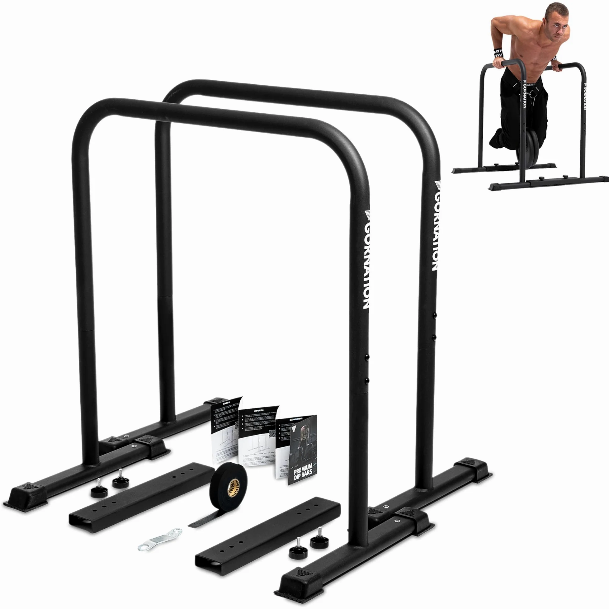 GORNATION Dip Bars, Barre Dip, Barre Parallele Alte Regolabili per Calisthenics e Fitness, Dips Station con Piedini Antiscivolo e Presa Sicura, Attrezzatura per Home Gym