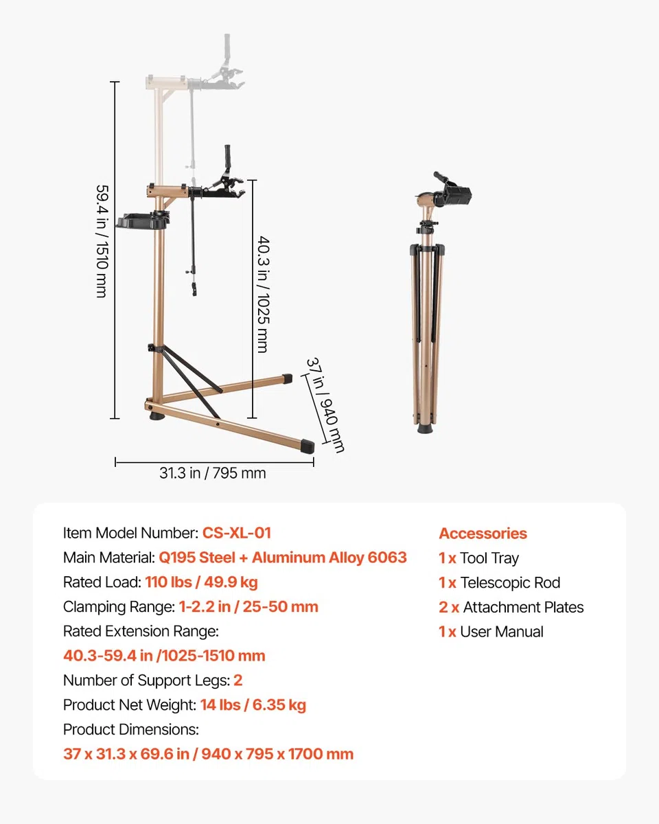 VEVOR Supporto per Riparazione Bici 940 x 795 x 1700 mm Supporto da Lavoro per Bici Resistente, Carico Nominale di 49,9 kg con Altezza Regolabile 1025 a 1510 mm e Ampio Vassoio Portautensili
