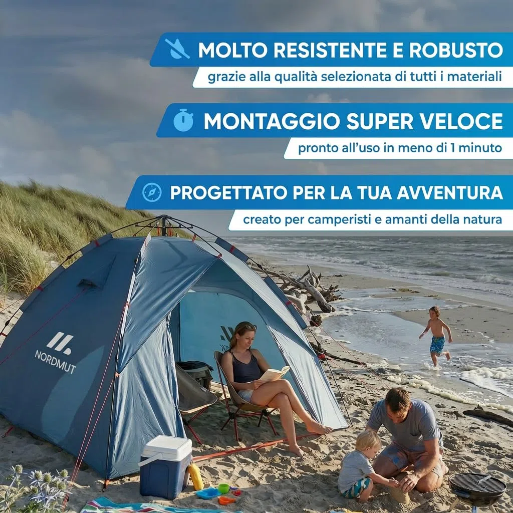 NORDMUT® Tenda Pop-Up 2-4 Persone – Montaggio Istantaneo, Impermeabile & Protezione UV – Tenda da Campeggio con Ottima Circolazione dell’Aria