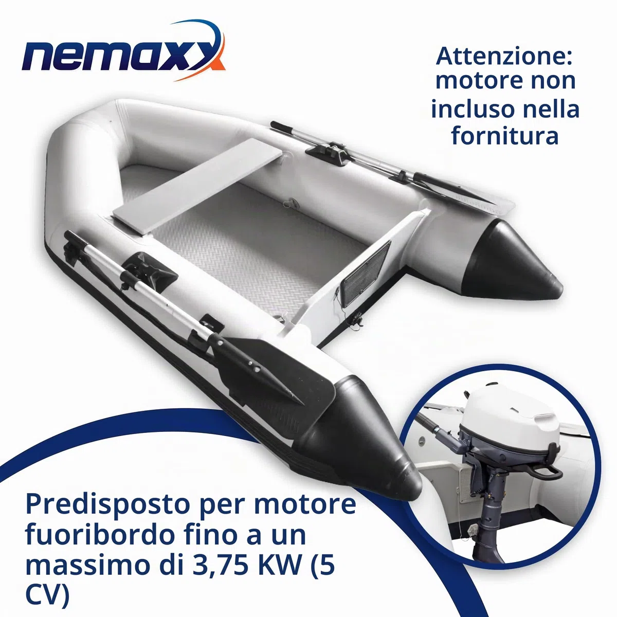 NEMAXX® Gommone 230/330/380 cm per 2/5/7 persone – Barca a pagaia/da pesca e a remi – Fondo gonfiabile/fondo in alluminio, motorizzabile, fino a 905 kg – incl. 2 remi, pompa, borsa, kit di riparazione