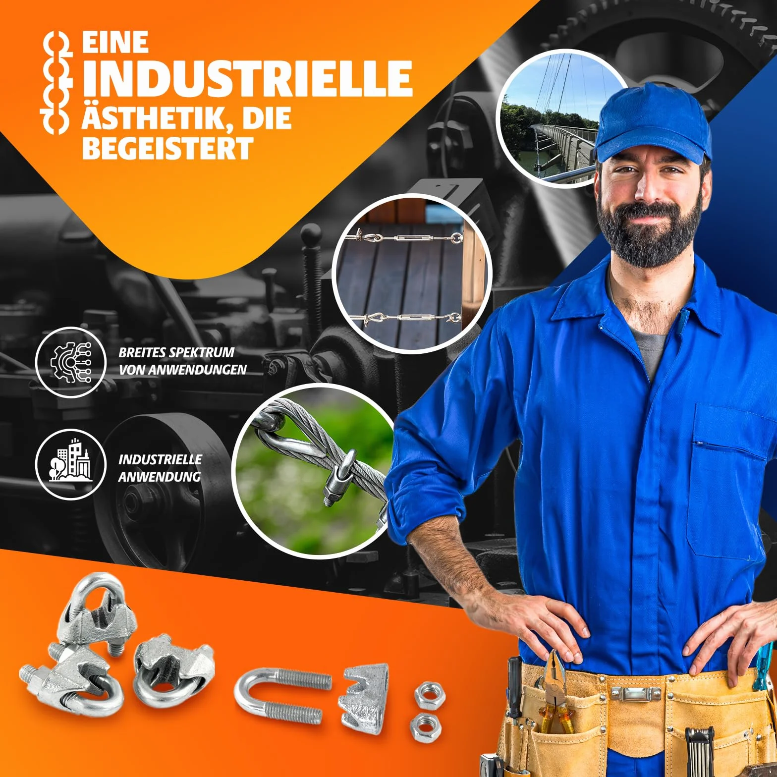 IMPOSTATO 20m acciaio galvanizzato fune 10mm tessere: 6x37 + 4 morsetti + 2 ditali