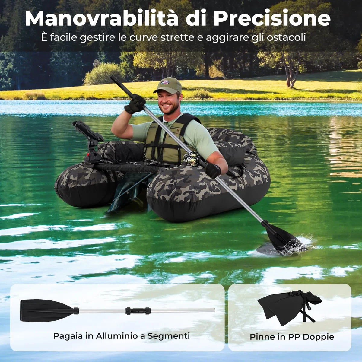 COSTWAY Barca Gonfiabile da Pesca, Belly Boat Portatile con Portacanna Regolabile, Supporto per Ami, Pagaia in Alluminio, Pinne, Pompa e Kit di Riparazione, Portata 150 kg