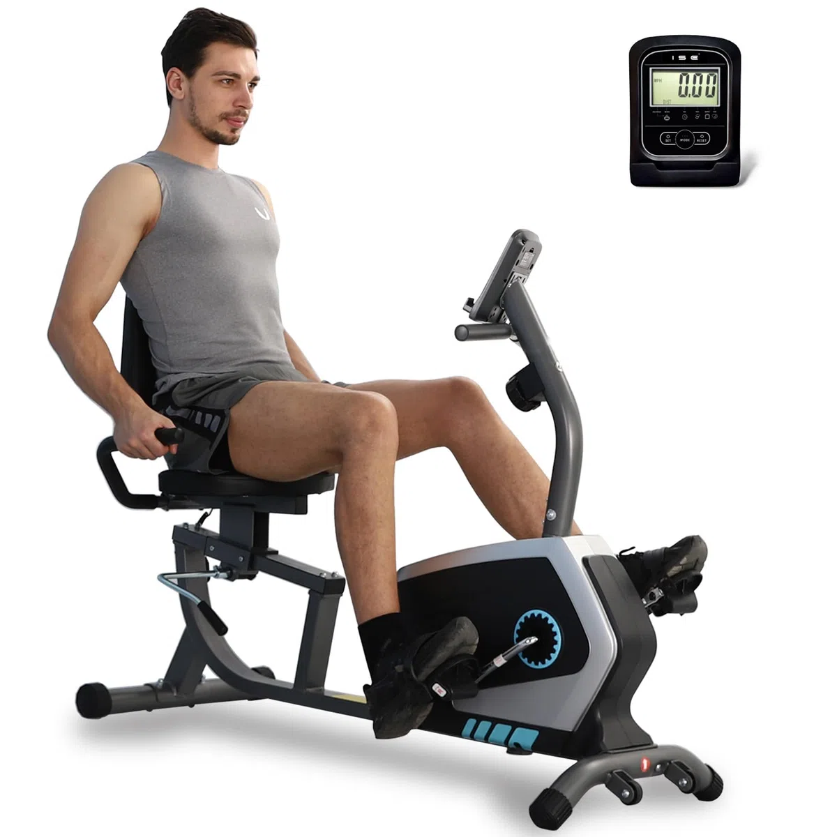 ISE Cyclette da Seduta Magnetica con Schienale, Cyclette Orizzontale da Casa con Resistenza Regolabile Schermo LCD Supporto per Smartphone