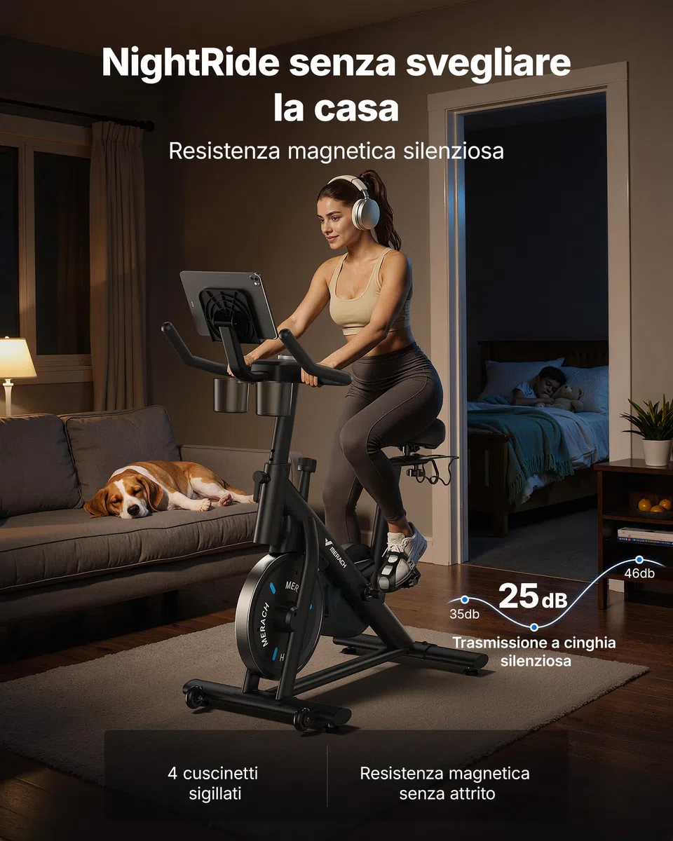 MERACH Cyclette da Casa con Resistenza Regolabile, Bicicletta da Appartamento Silenziosa con Schermo LED Migliorata, Sedile Comodo e Grande, App Esclusiva, Aerobica Domestica, Capacità Massima 136KG