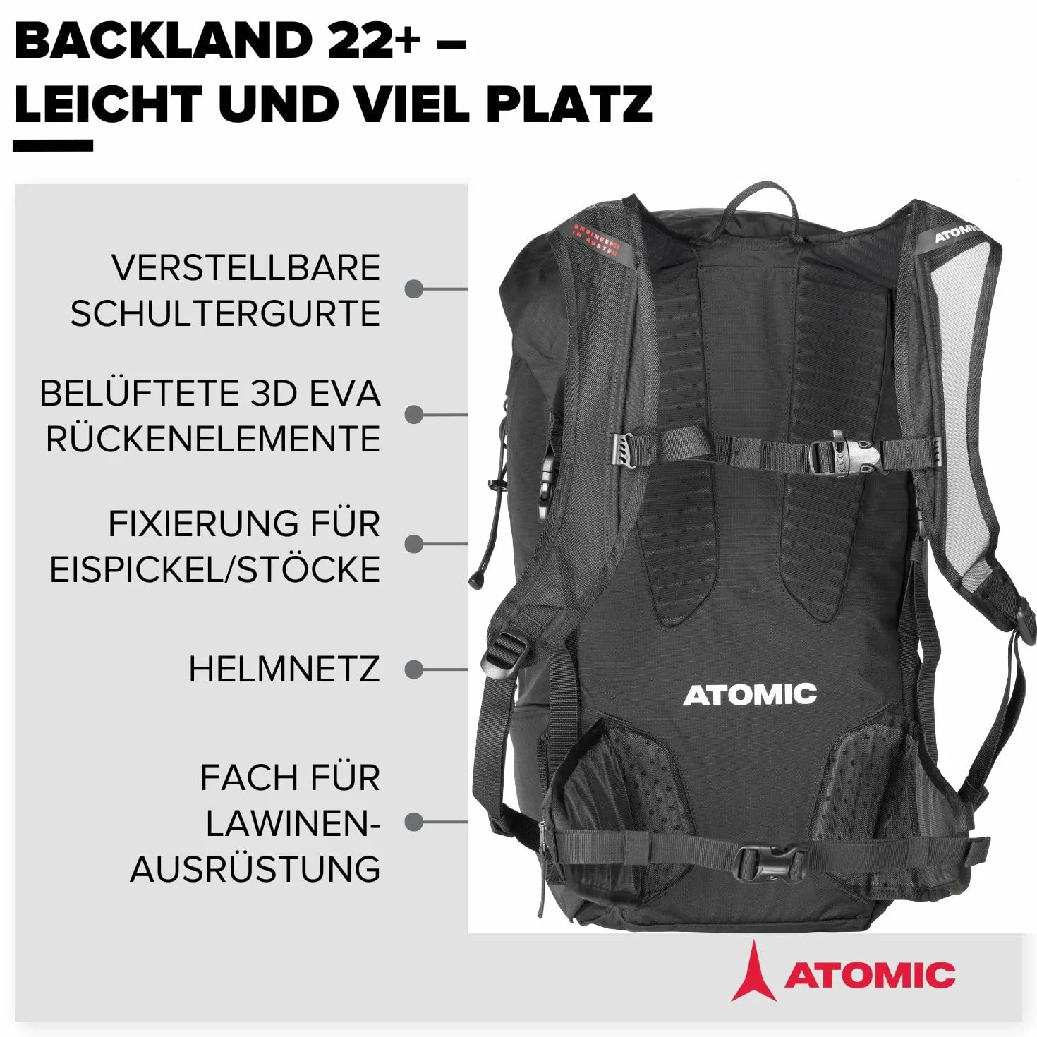 ATOMIC Backland 30+, zaino da sci leggero con chiusura rolltop, zaino da trekking alpino, con spazio di oltre 30 l, robusto e versatile zaino da sci con cintura in vita