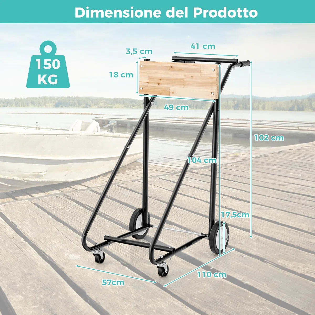 GYMAX Sostegno Motore per Imbarcazioni Fuoribordo, Carrello Porta Motore Pesante con Solida Tavola in Compensato Spesso, 4 Ruote Lisce, Maniglia Ergonomica, Supporto Motore per Imbarcazioni
