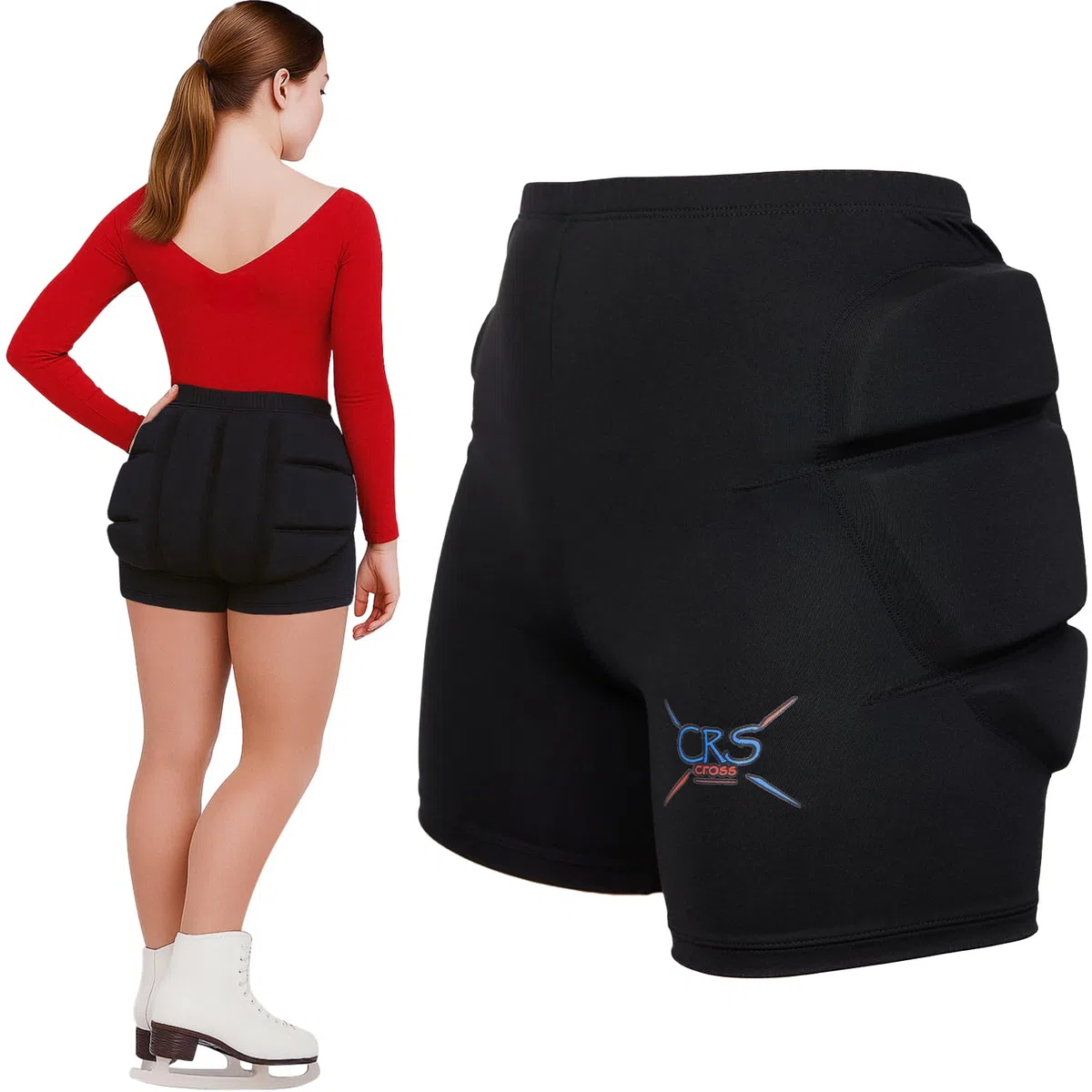 CRS Cross Pantaloncini imbottiti per pattinaggio artistico, a rotelle, in linea, su ghiaccio, snowboard e sci, protezione dagli impatti di caduta per glutei, fianchi e coccige