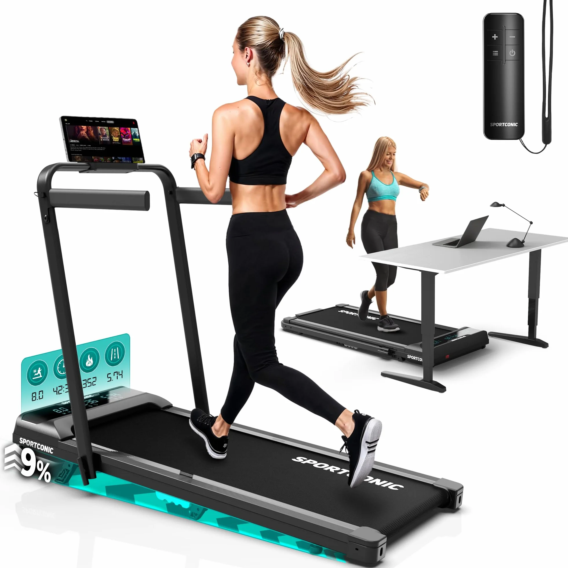 Sportconic Tapis Roulant Elettrico Pieghevole con Inclinazione, Walking Pad Silenzioso Salvaspazio, Tapirulan da Casa per Allenamento Ufficio