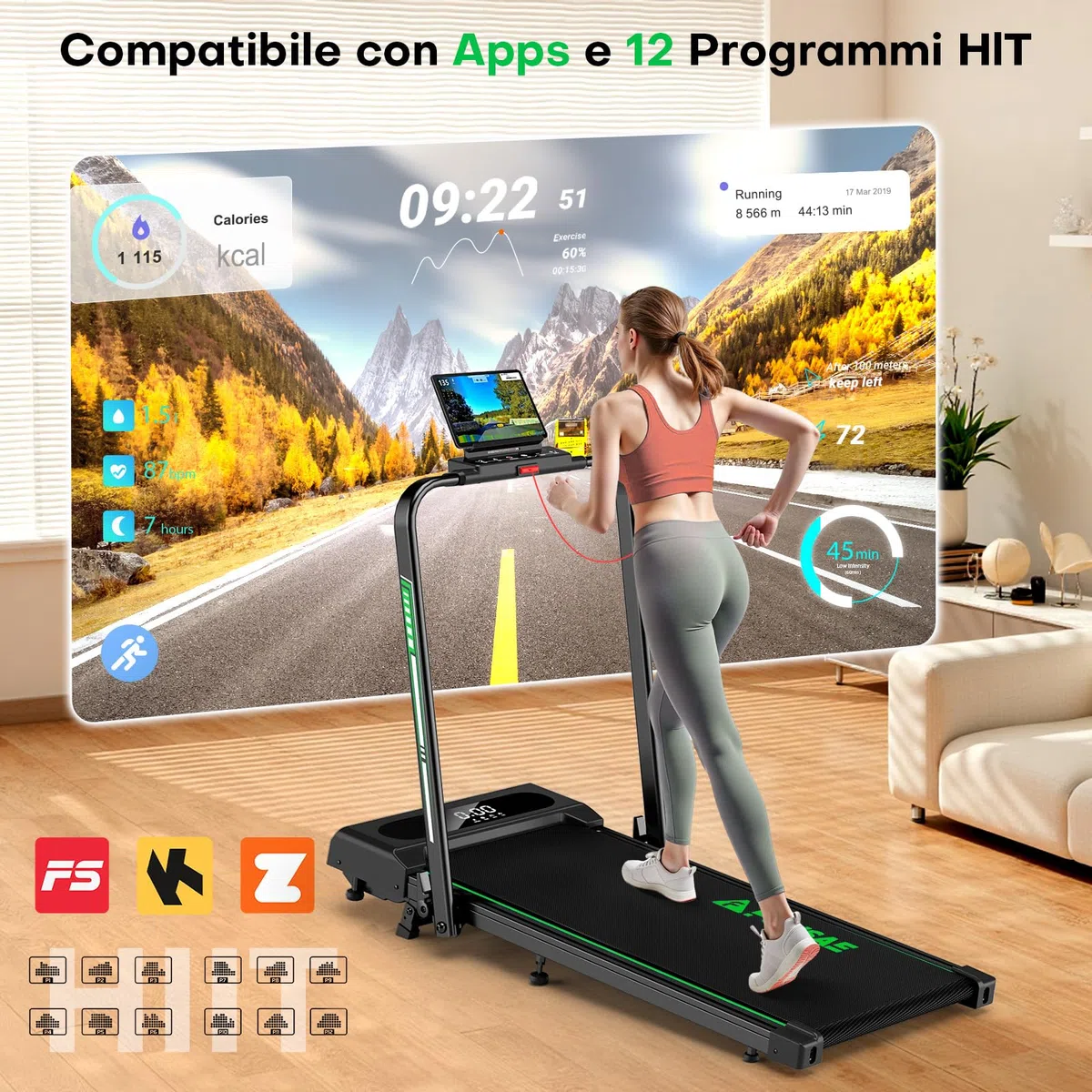 Tapis Roulant Elettrico Pieghevole 1-12km/h, 5 in 1 tapirulan con Inclinazione, Salvaspazio Con Doppio Display LED, Supporto per App e Tablet, Telecomando, Nessuna Installazione Richiesta
