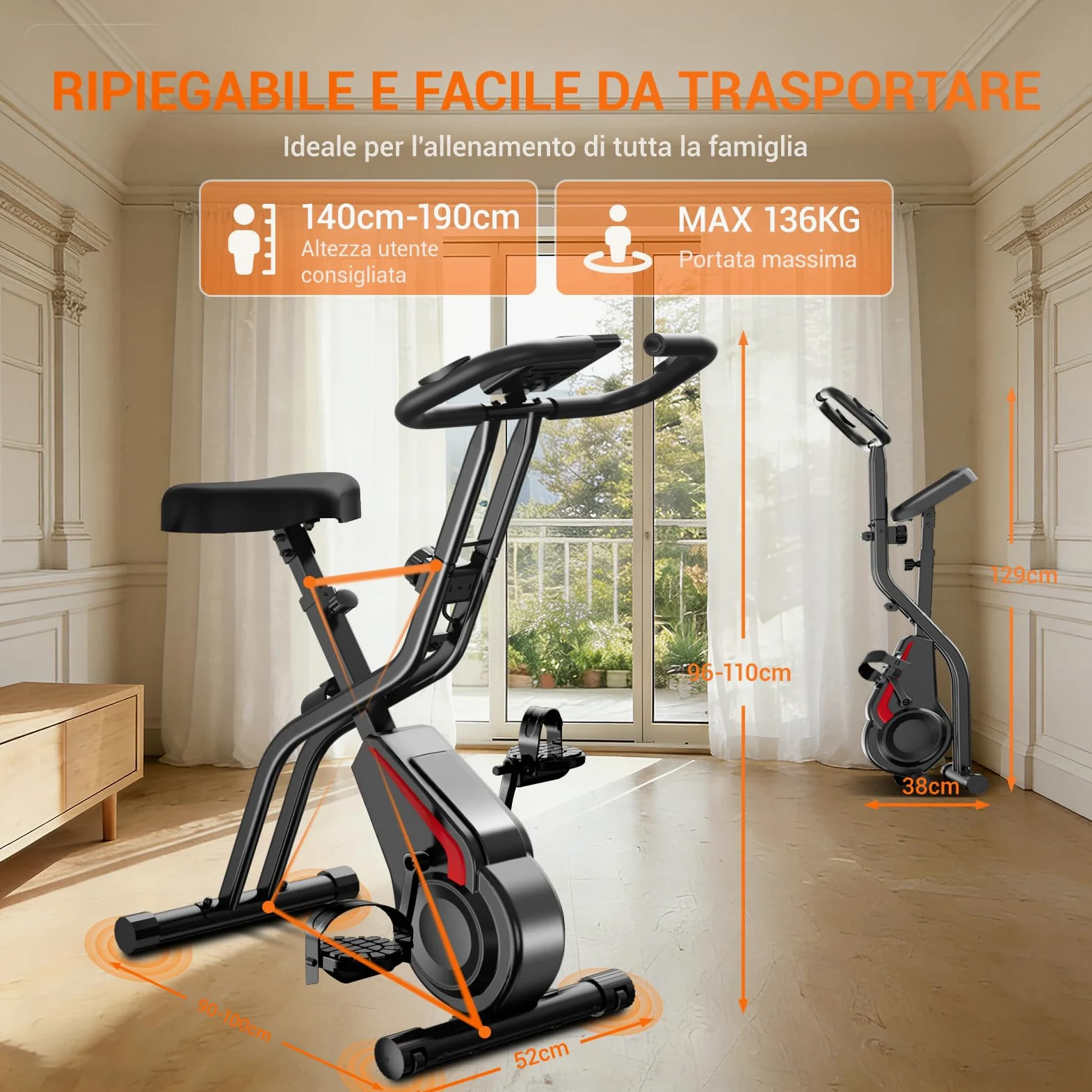 UMAY cyclette da casa pieghevole Ergometer, cyclette pieghevole 5-in-1 con Resistenza Magnetica a 16 Livelli, cyclette per casa Bici da Camera con Sedile Comodo, Massimo 136kg