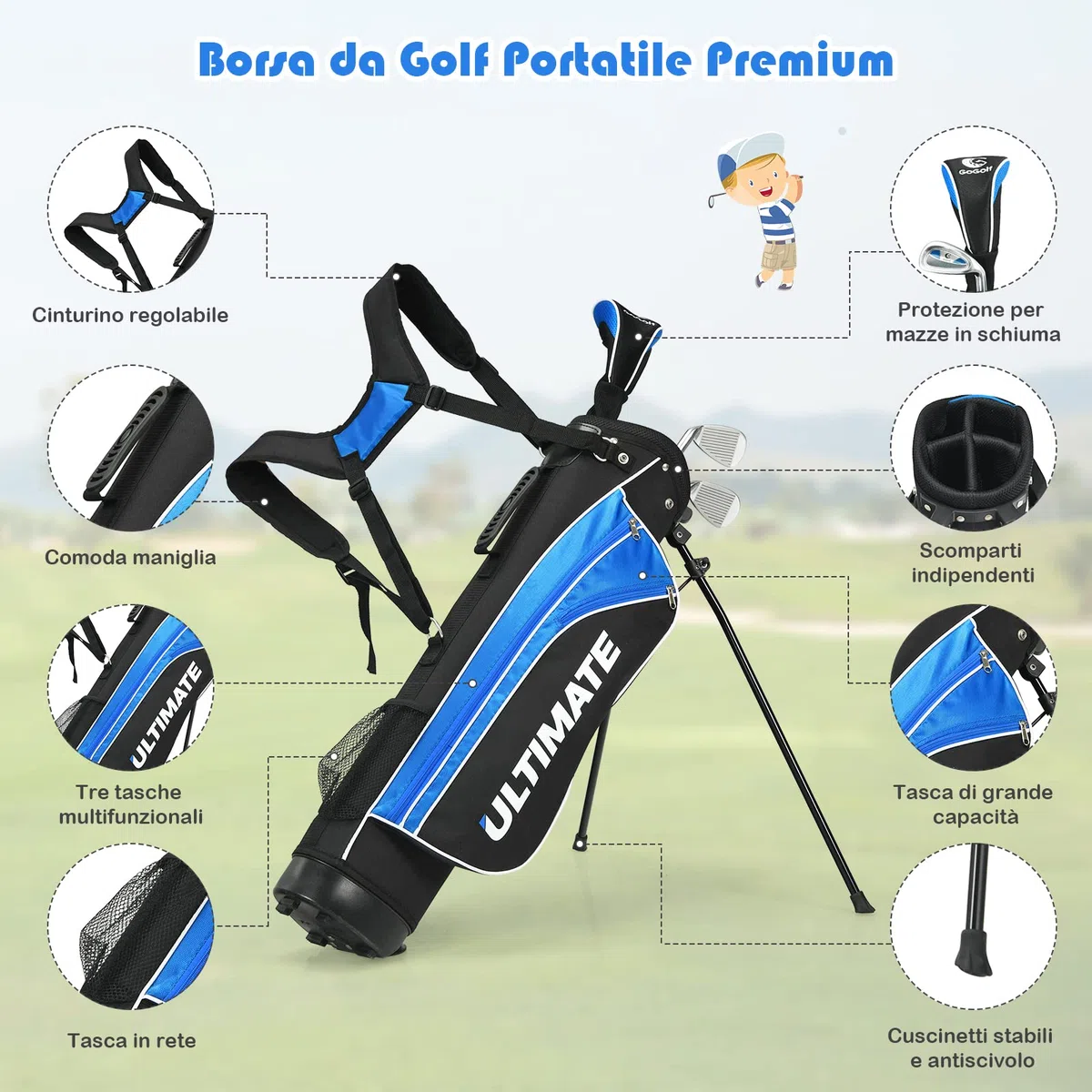 COSTWAY Set di Mazze da Golf per Bambini 11-13 Anni, con Legno da Fairway 3, Ferri 7 e 9, Putter, Coprimazze e Sacca da Golf, per Bambini e Bambine Destrimani