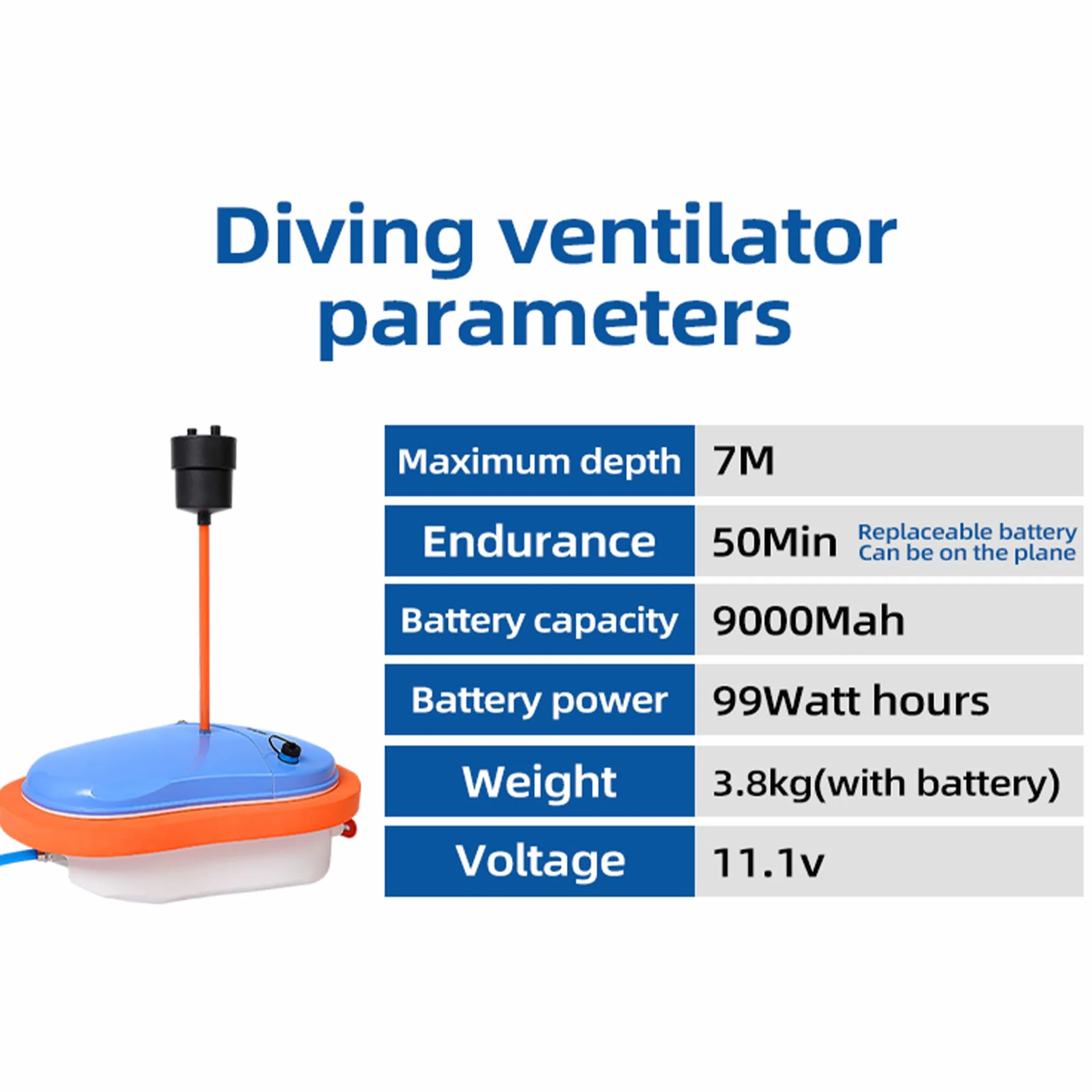 TUXING Ventilatore subacqueo, 45 Minuti Impermeabile Portatile Ricaricabile Scuba Diving Tank, Immersioni Senza Serbatoi, con 7M Tubo telescopico e regolatore di respirazione 52 Litri/min per