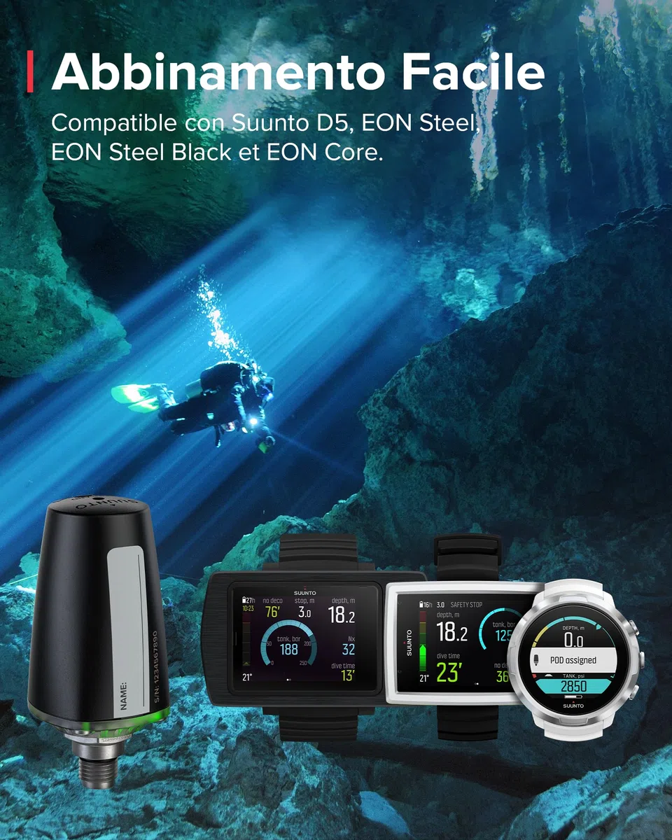 SUUNTO Dive Tank Pod, Trasmettitore Wireless dei Dati di Pressione della Bombola per SUUNTO D5, EON Steel, EON Steel Black ed EON Core, Lettura al Polso delle Informazioni Essenziali Sull'immersione