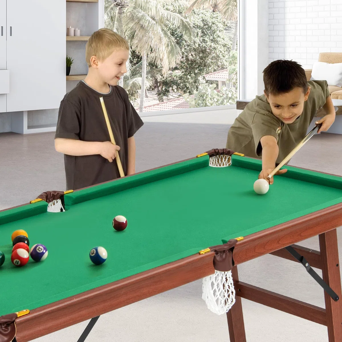 HOMASIS Tavolo da Biliardo Pieghevole, Mini Biliardo Portatile con 2 Tacche, 16 Palline, 2 Gessi, Triangolo, Spazzola, Gambe Regolabili, da Casa, Bar, per Bambini e Adulti, 138 x 67 x 79,5 cm