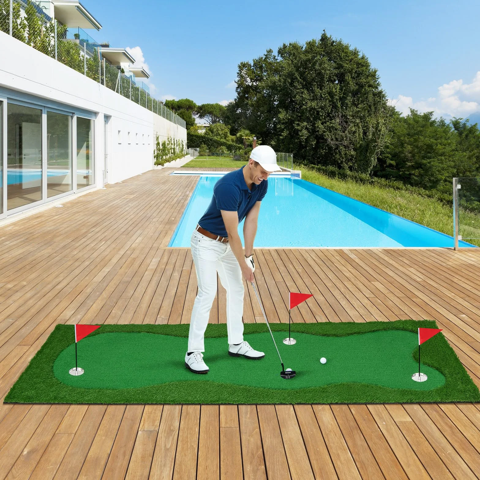COSTWAY Tappetino da Golf Professionale, Campo da Golf con Erba Artificiale Realistica, 3 Buche, 3 Bandierine e Tazze per l'Allenamento Interno ed Esterno, 300 x 100 CM