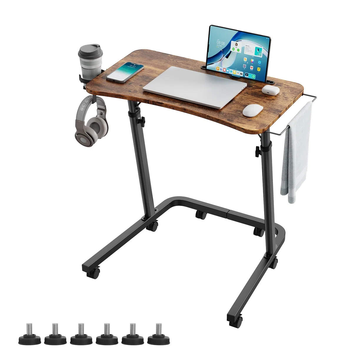 Tavolo da allenamento a rulli per bicicletta con regolazione in altezza e ruote, comodino e tavolo per computer portatile, regolabile in altezza, per uso interno e tapis roulant con portabibite e