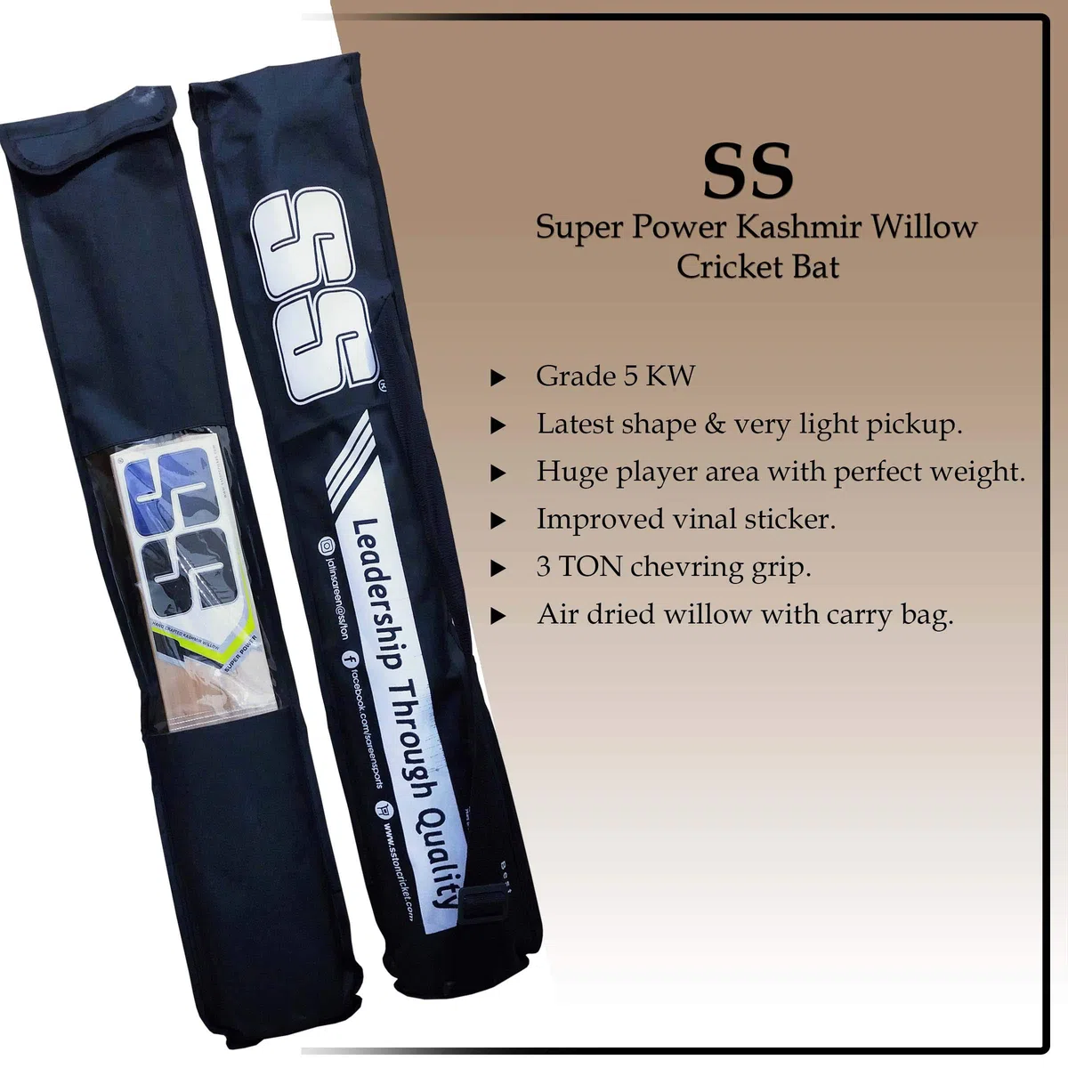 SS Yogi Sports - Mazza da cricket in pelle di salice del Kashmir, esclusiva mazza da cricket per adulti, a grandezza naturale, con copertura di protezione completa (Super Power, Cannon, Impact)