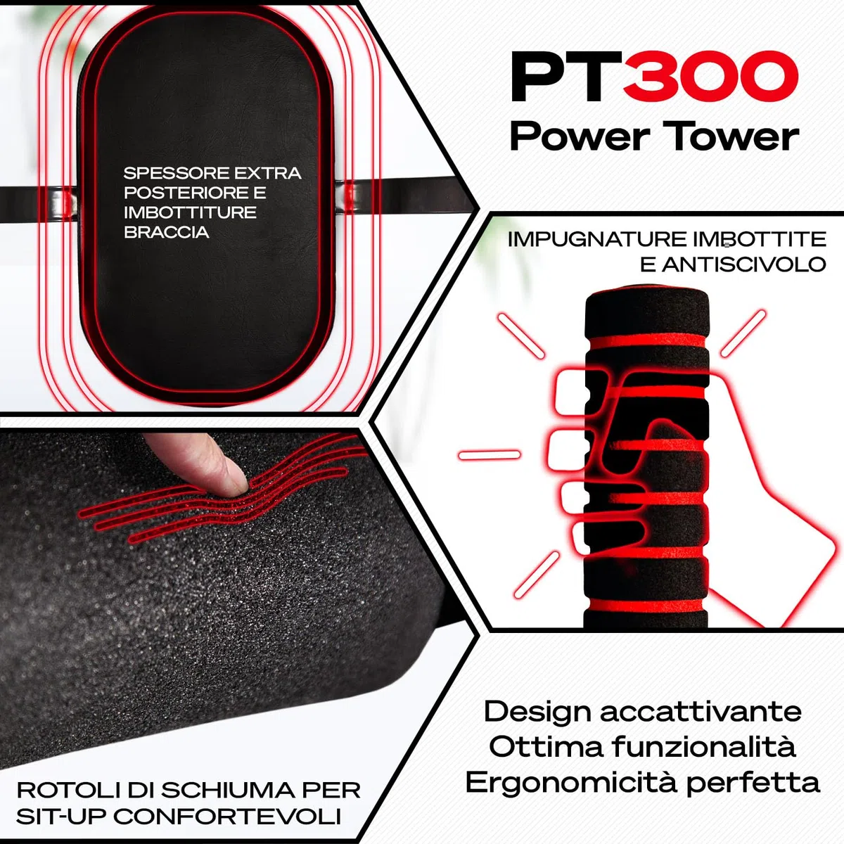 Sportstech Power Tower PT300 | Stazione di allenamento multifunzionale 7 in 1 | Torre per bodybuilding per trazioni e dip | Impugnature per flessioni + Anelli per corde di resistenza e sospensione