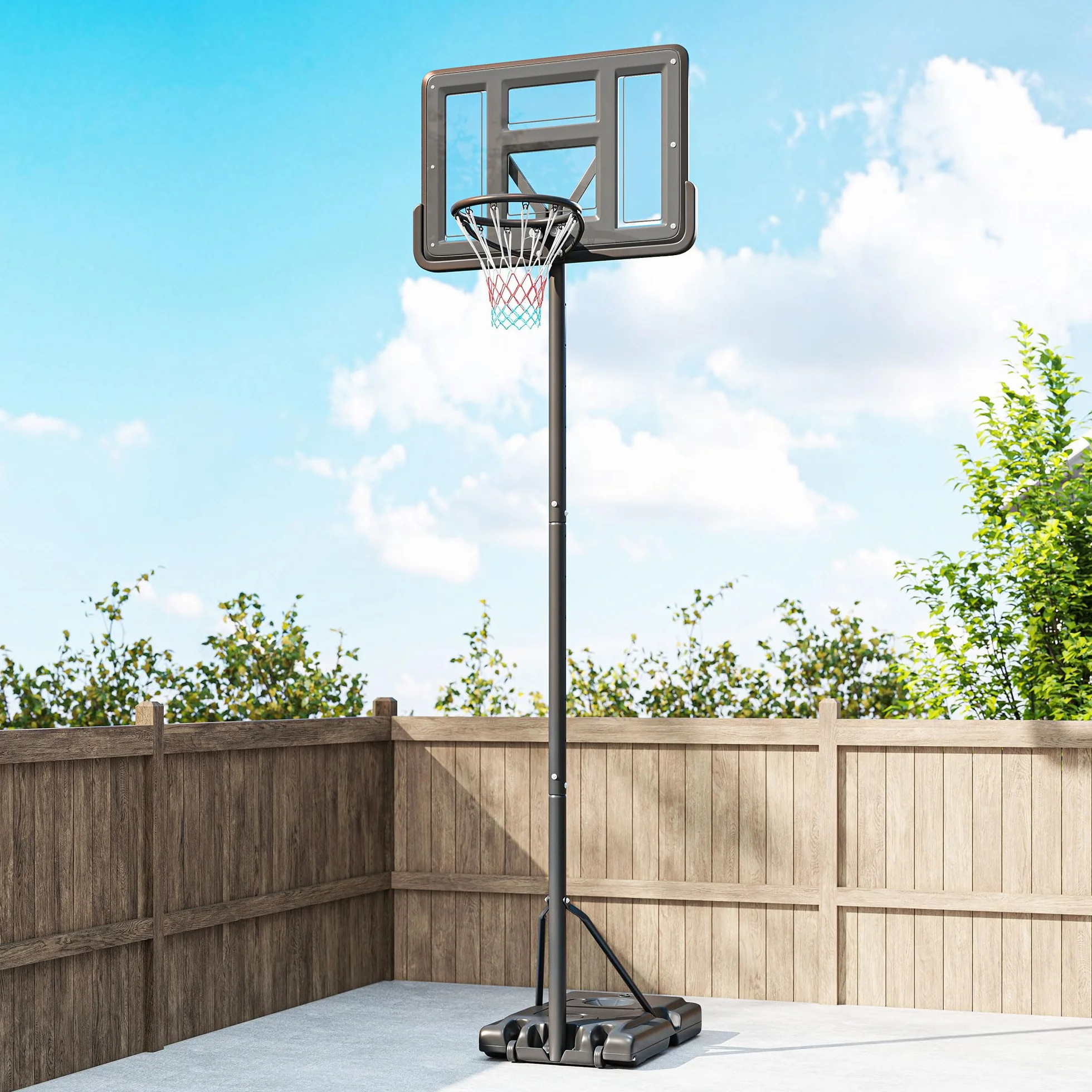 SPORTNOW Canestro Basket ad Altezza Regolabile per Giardino e Piscina con Base Riempibile e Spazio per Palla, in Acciaio, Plastica e HDPE, 110x75x195-370 cm, Nero