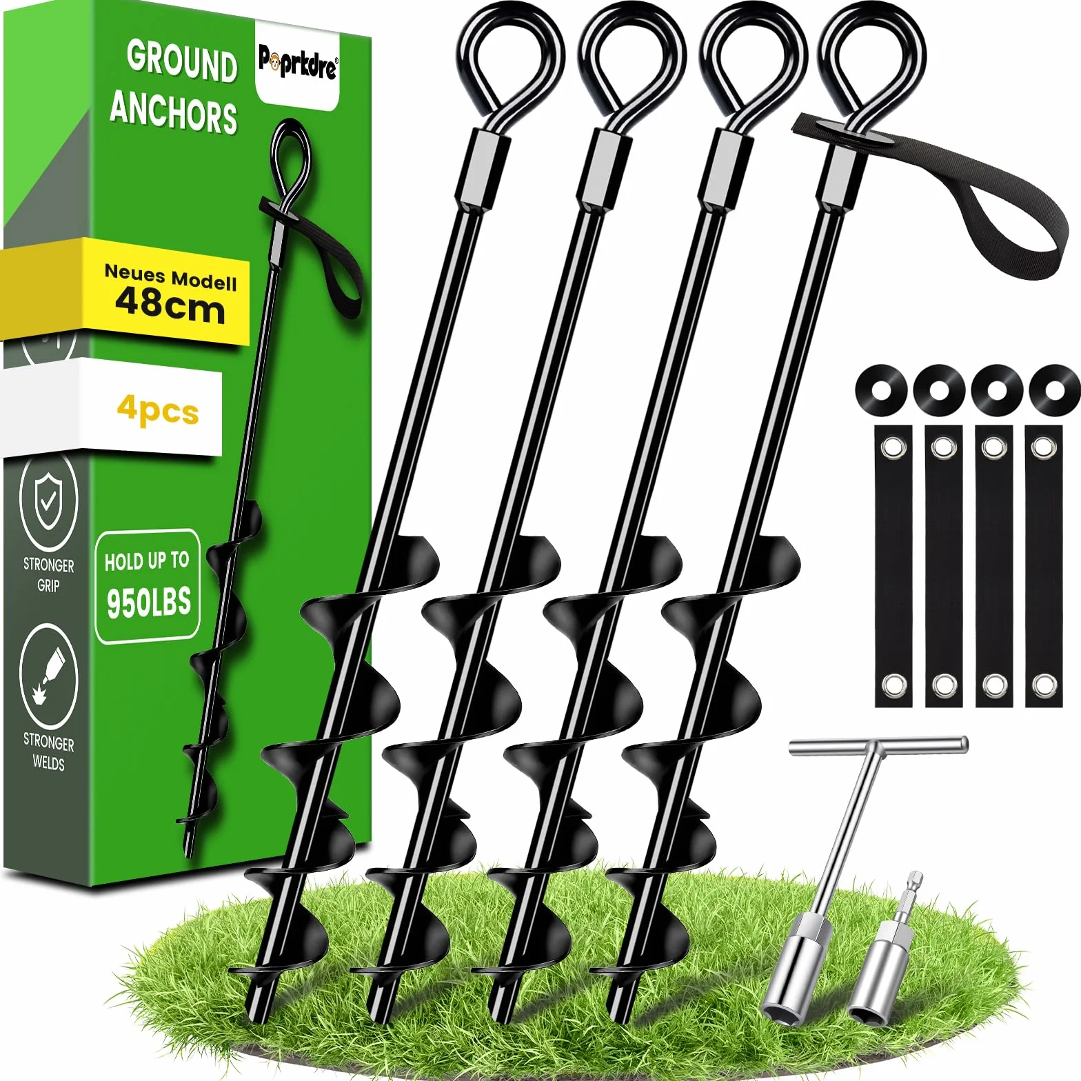 Ancoraggio a terra 48 cm, confezione da 4 con cinghie resistenti, ancoraggio a terra da avvitare nel terreno per tende, altalene, tettoie, particolarmente stabili e facili da installare