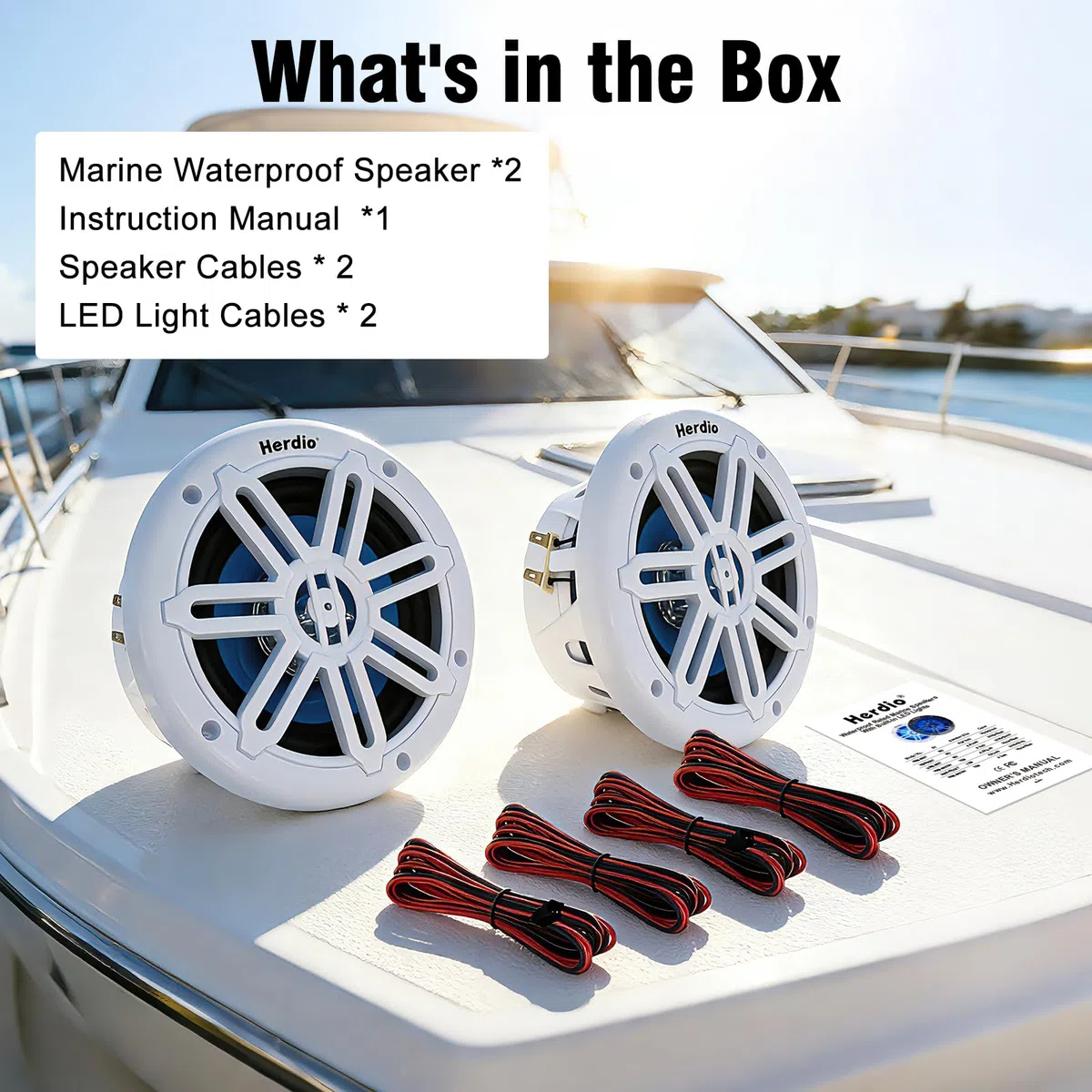 Herdio 8" 450W Marine Speakers - IP66 Waterproof Coaxial Audio, with Blue LED Light for Boats, ATVs, UTVs with UV Resistant White Grille (A Pair)