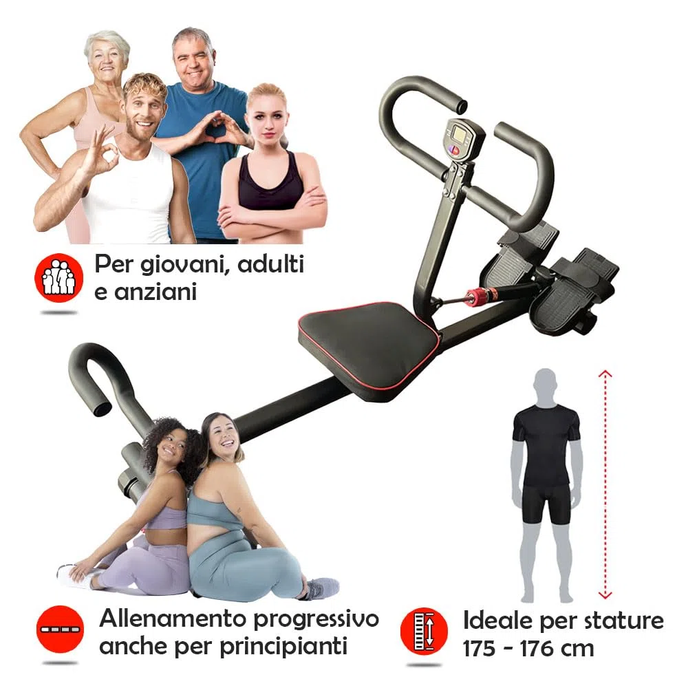 GIORGIO MASTROTA Vogatore per casa Pieghevole Con Display e 12 Livelli di resistenza Salvaspazio e silenzioso Attrezzo Palestra Multifunzione Pettorali Glutei Addominali Gambe Braccia Aerobica