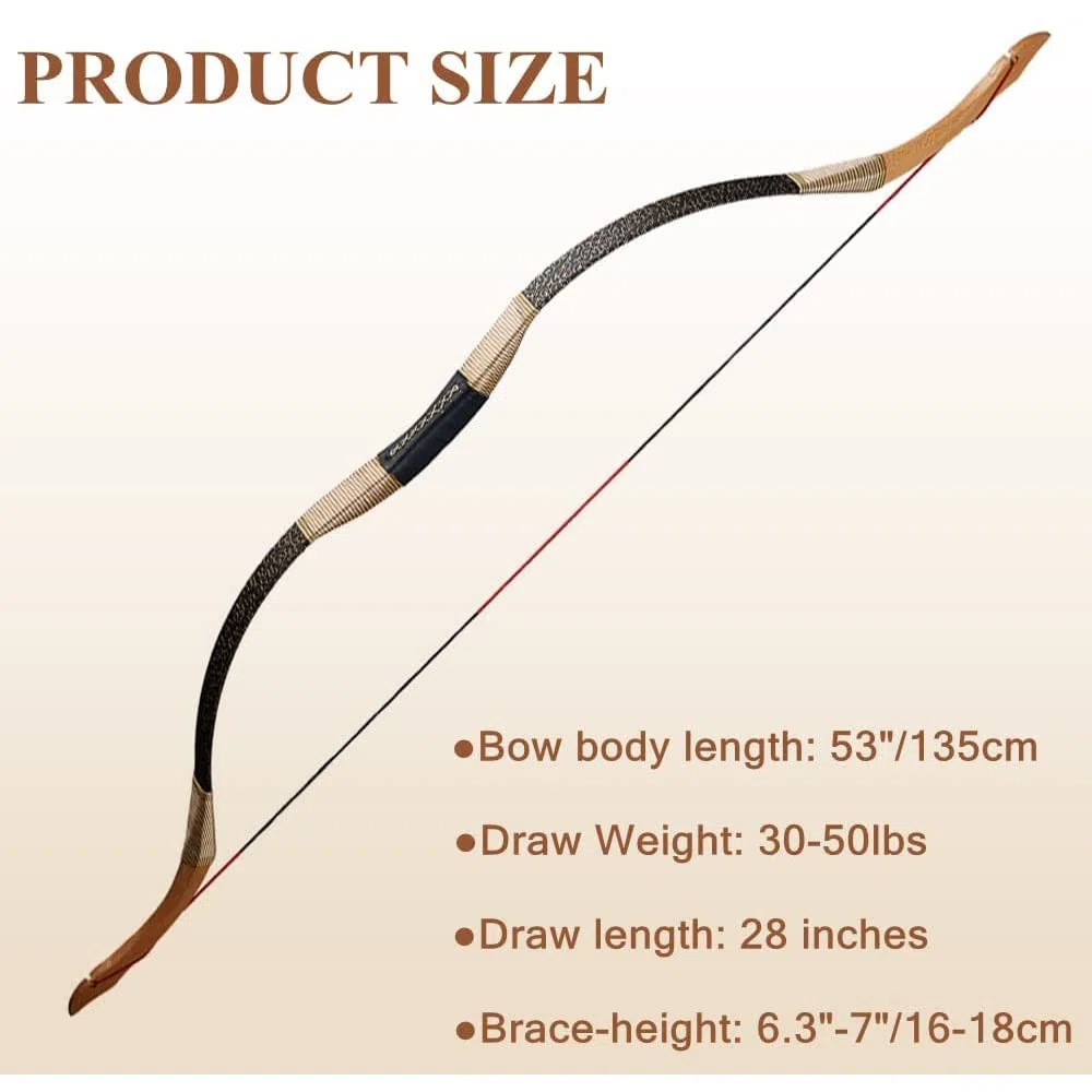 Huntingdoor Longbow Set Arco e Freccia per Adulti 30-50lbs Arco Tradizionale Arco Ricurvo Arco da Cavallo con Frecce in Legno Accessori per Tiro con L'Arco per Pratica del Bersaglio (50lbs)