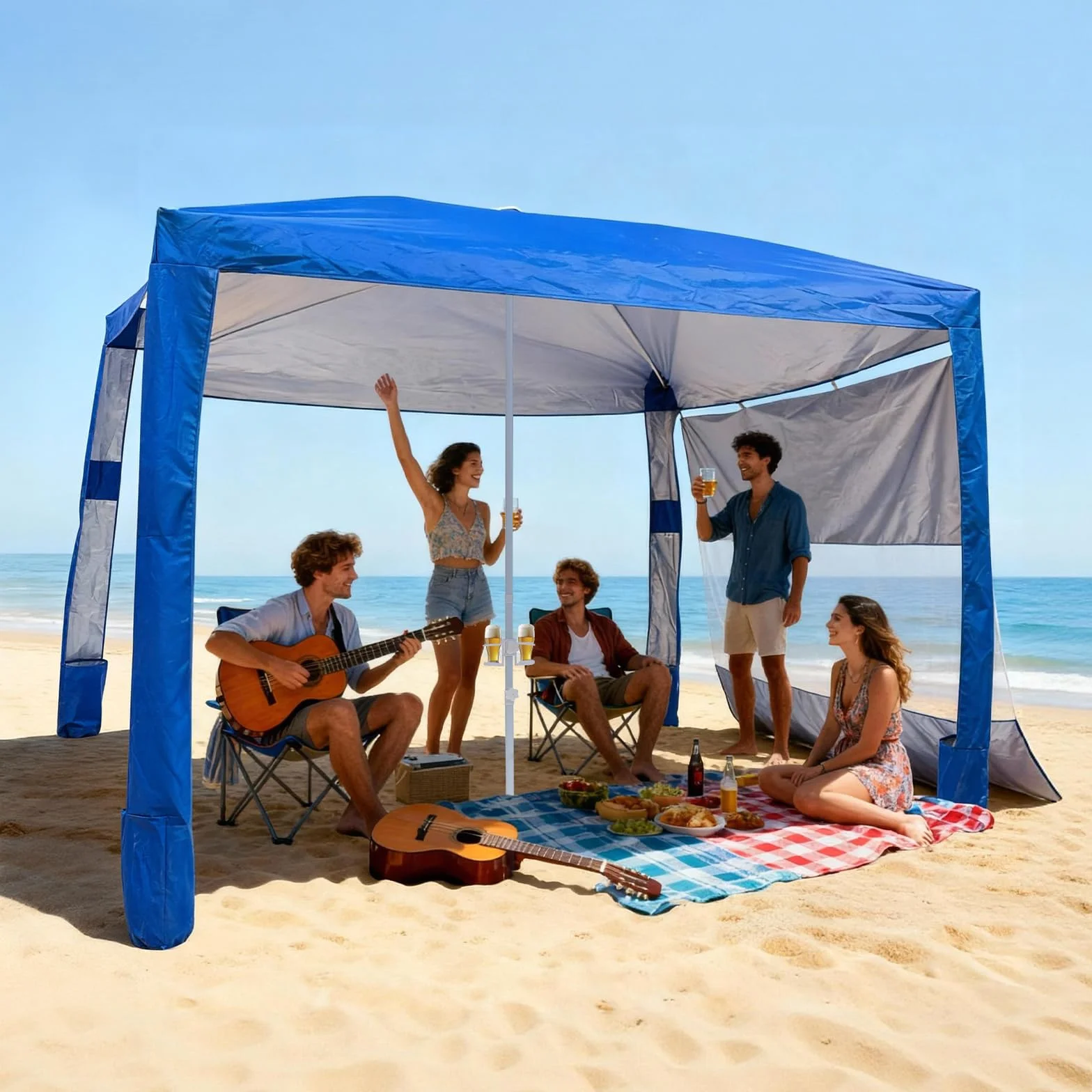 VEVOR Parasole da Spiaggia Portatile 2400 x 2400 x 2400 mm con Parete Laterale e Tasche per la Sabbia, Facile da Montare, Ombrellone Parasole Portatile Regolabile in Altezza per Famiglia, Blu