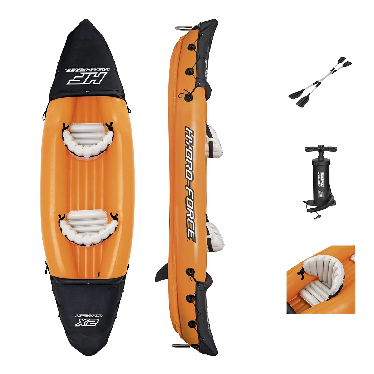 Hydro-Force Rapid Kayak | Set kayak gonfiabile per 2 persone con sedili, schienale, pagaie, pompa a mano e borsa per il trasporto, arancione