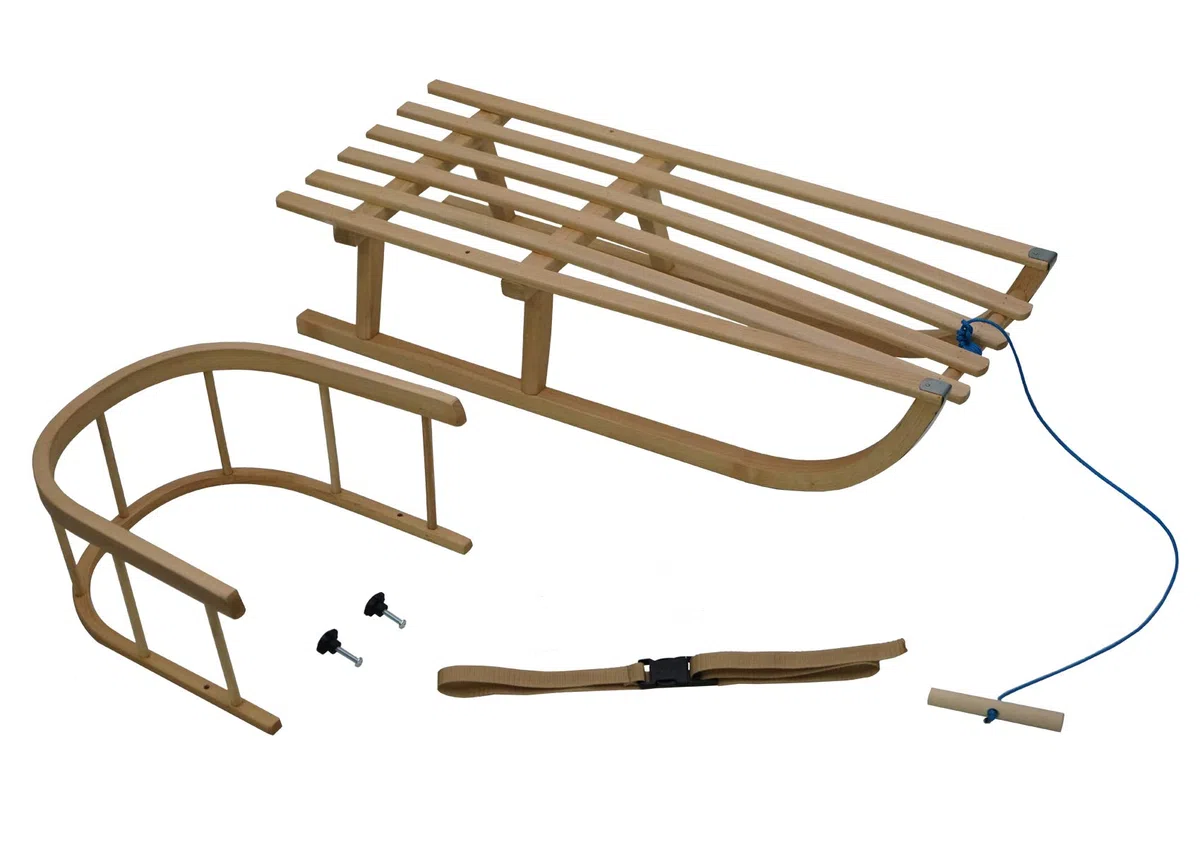 Skyline Slittino in legno per bambini, con schienale, slittino Davoser, in legno, con cintura di sicurezza, schienale e sacco a pelo invernale (Natur/Rosso)